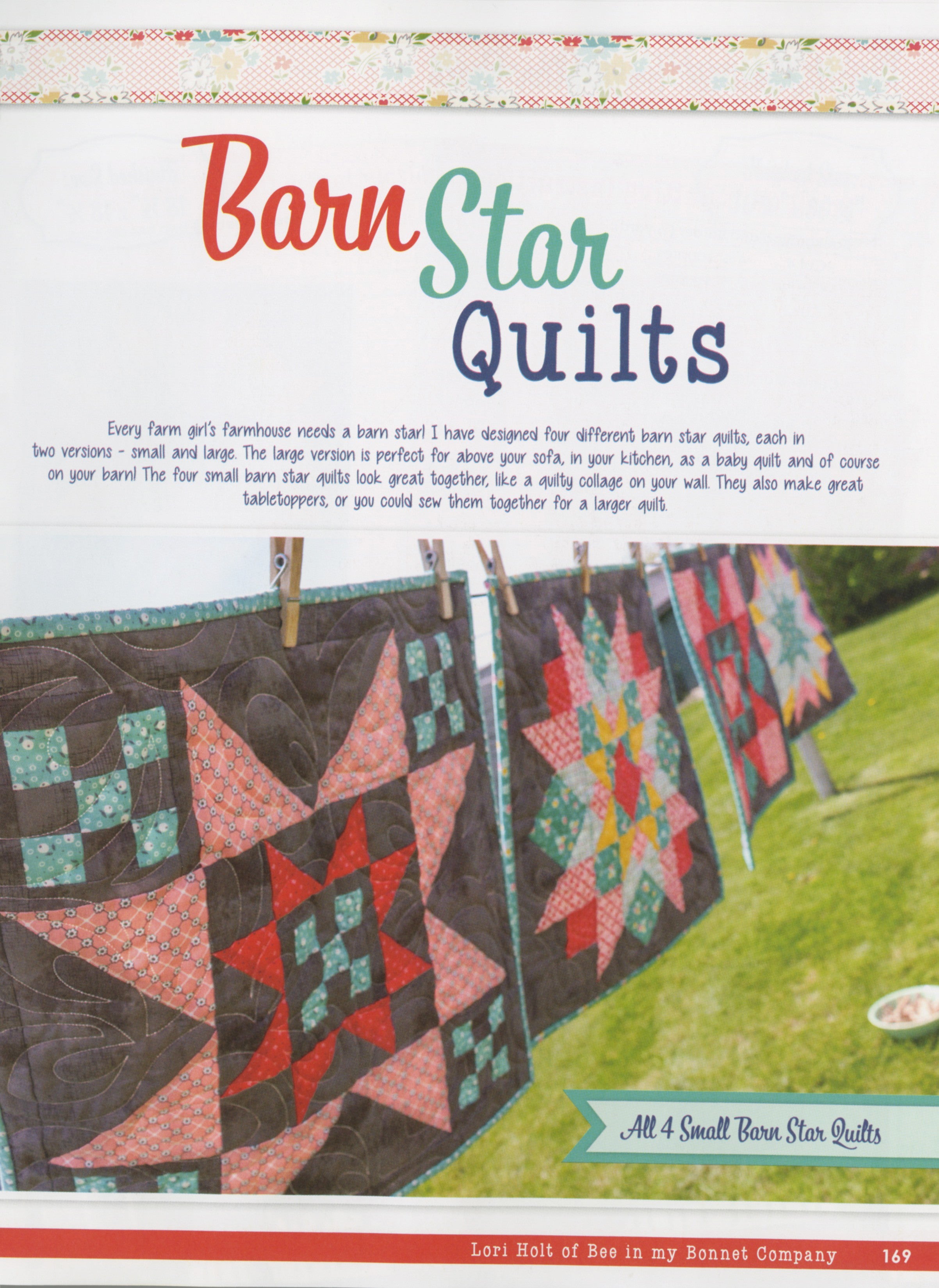 Four small Barn Star quilts from Farm Girl Vintage 2 by Lori Holt for It's Sew Emma hanging on a clothesline outdoors, each a scrappy star on a dark background.