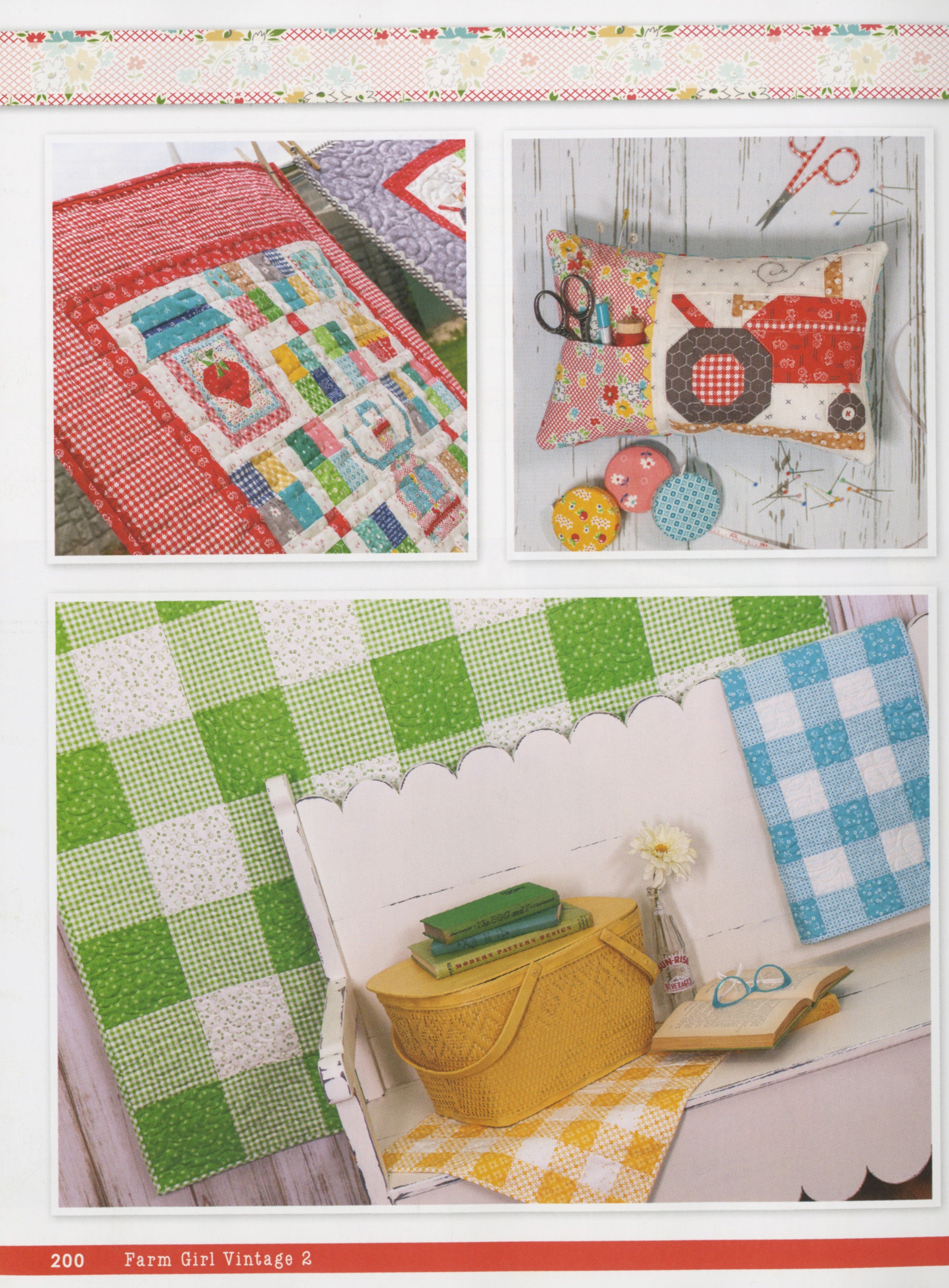 Sewing projects from Farm Girl Vintage 2 by Lori Holt for It's Sew Emma: a red gingham-bordered quilt, a Farm Girl pin pillow with scissors and thread spools, and a green gingham quilt with a yellow picnic basket on a bench.