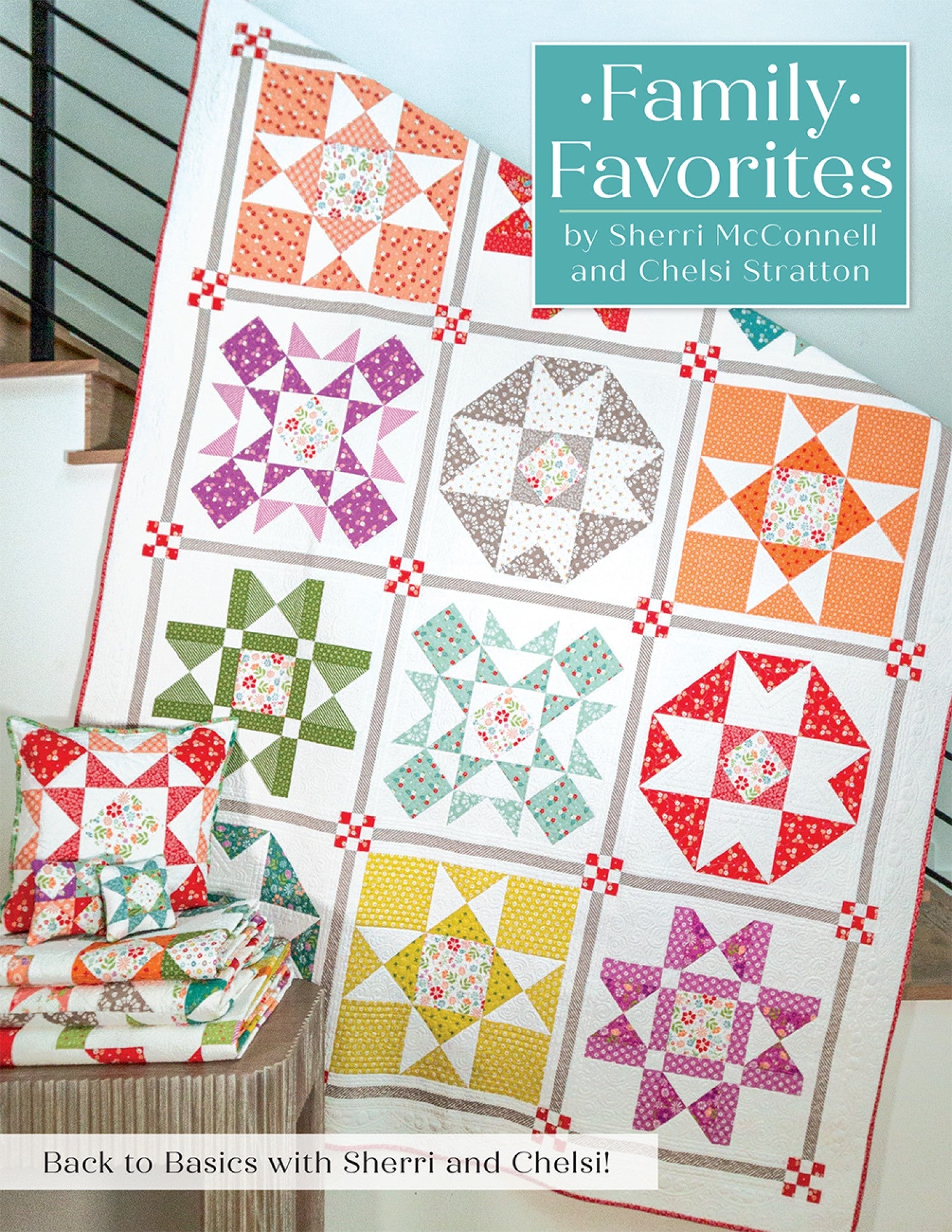 Front cover of Family Favorites Quilt Pattern Book by Sherri McConnell and Chelsi Stratton for It's Sew Emma, showing a colorful sampler quilt of pieced star and mosaic blocks on a white background.