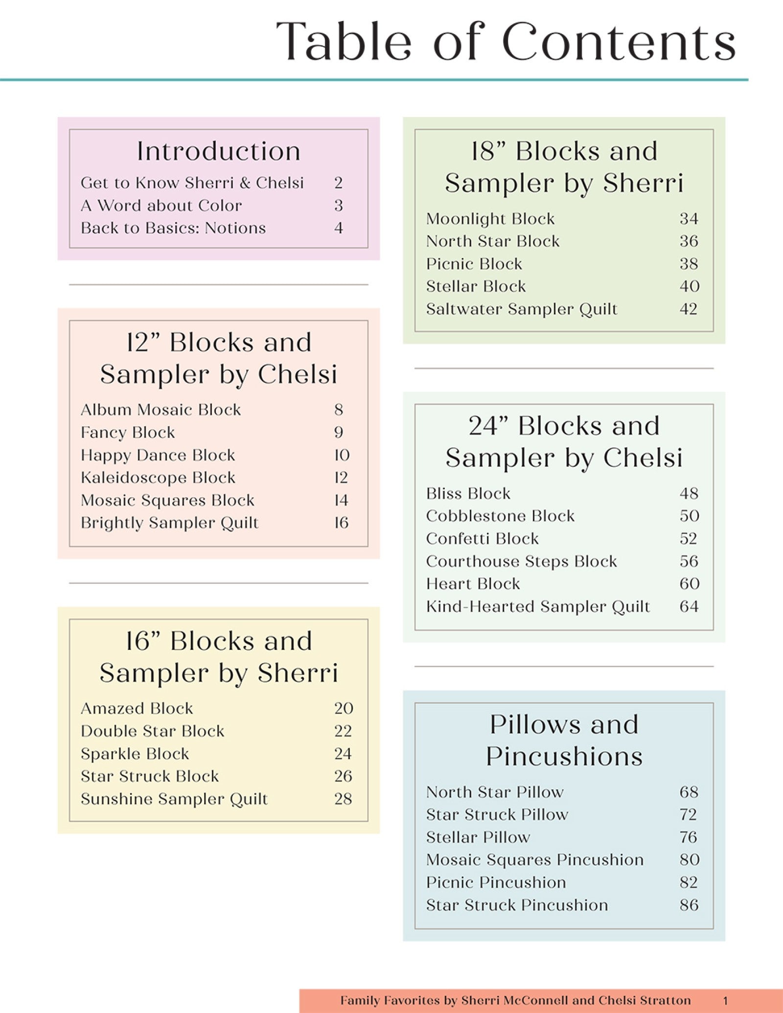 Table of contents from Family Favorites listing blocks and sampler quilts in four sizes plus pillows and pincushions.