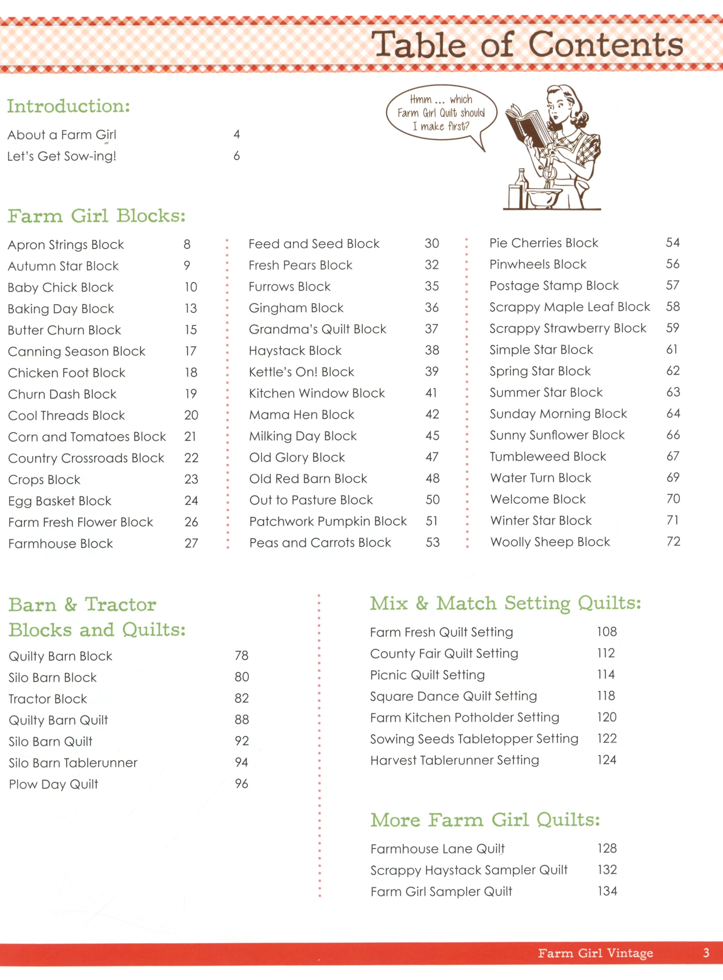 Table of Contents page from Farm Girl Vintage by Lori Holt for It's Sew Emma, listing the Farm Girl blocks, barn and tractor blocks, mix-and-match setting quilts, and additional quilts, with a vintage illustration of a person reading the book.