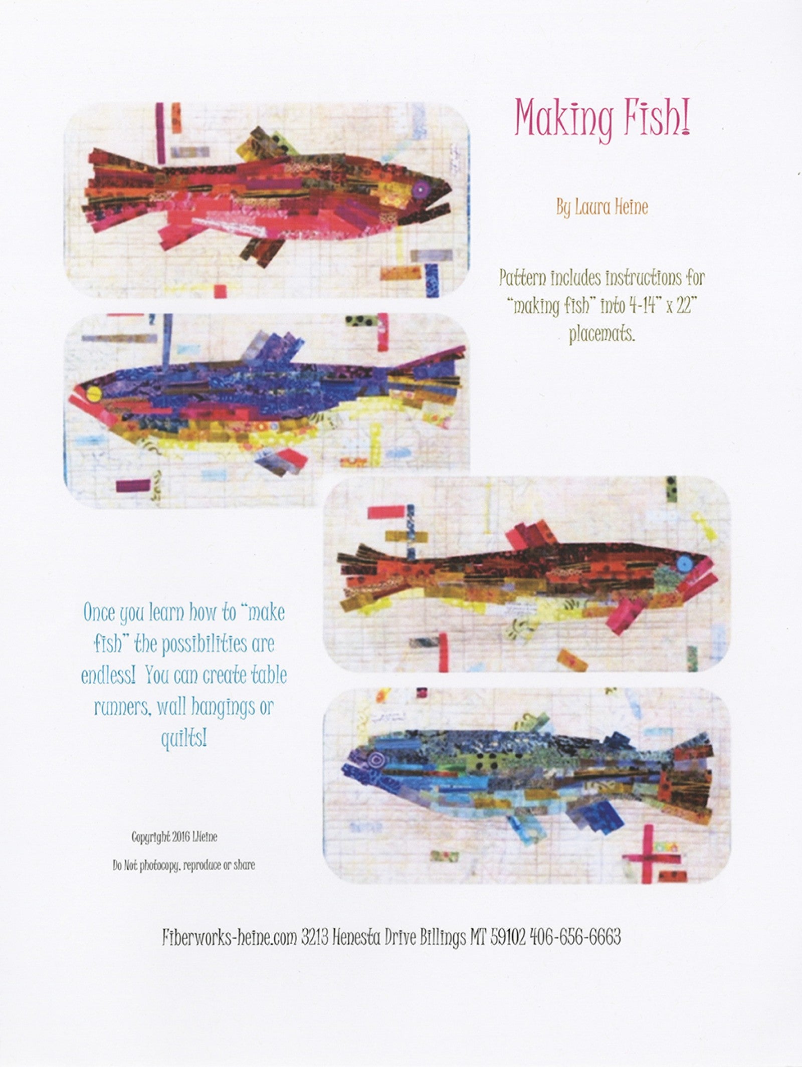 Making Fish collage pattern cover by Laura Heine of Fiberworks. Four fish placemats, each fish built from narrow fabric strips laid side by side like brush strokes in reds, blues and purples, browns and oranges, and blues and greens, on pale grid print backgrounds with scattered confetti rectangles. Pattern makes four 14 x 22 inch placemats.