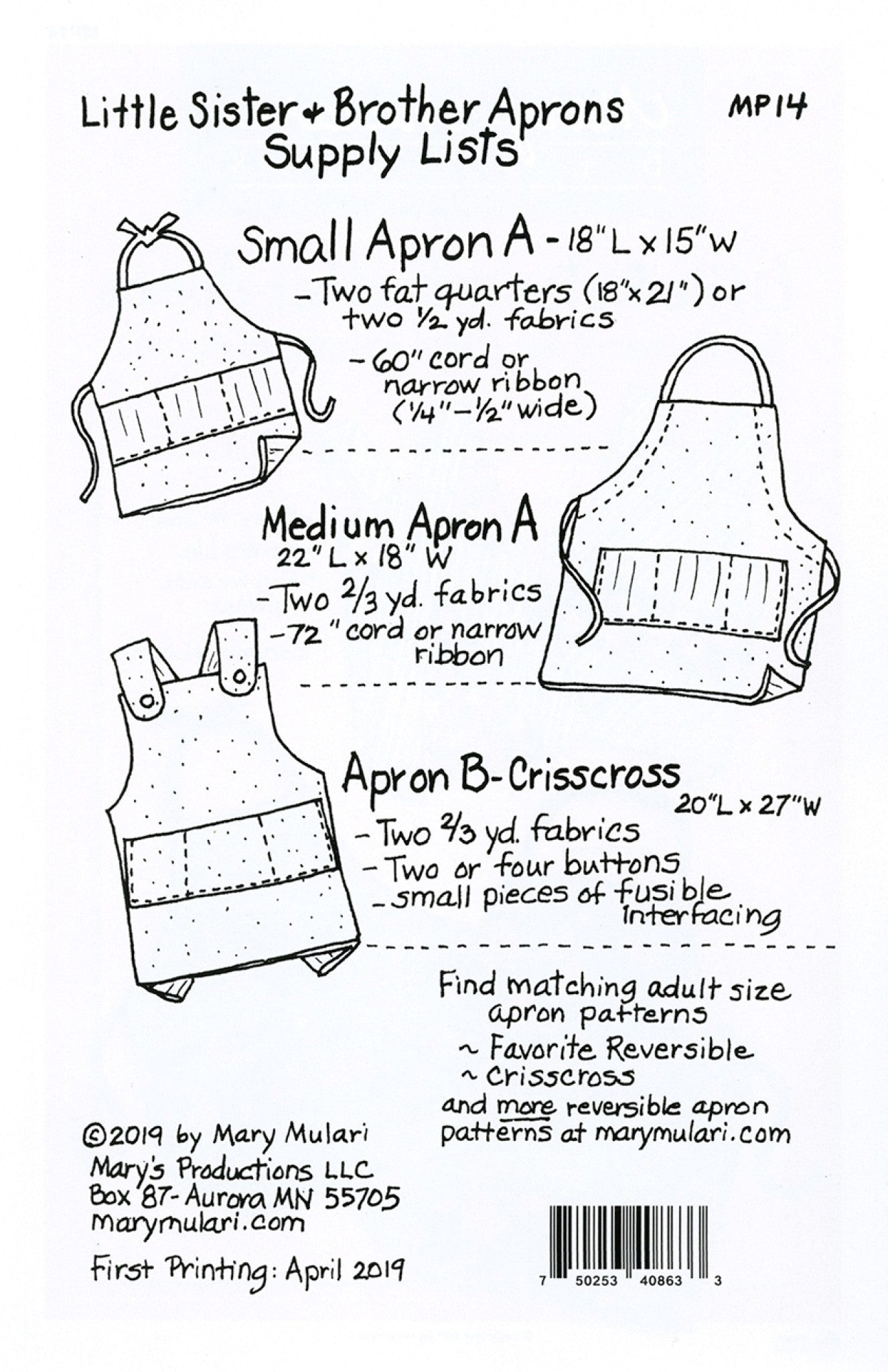 Little Sister And Brother Apron Sewing Pattern by Mary Mulari from Mary's Productions