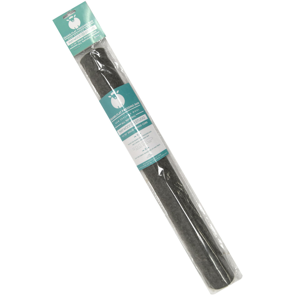 Maywood Studio Seams-Flat Pressing Bar in its clear package, a gray wool-covered bar with teal labels showing a white sheep and reading Seams-Flat Pressing Bar, New Zealand Wool, All Natural, 17.75 inch solid wood core.
