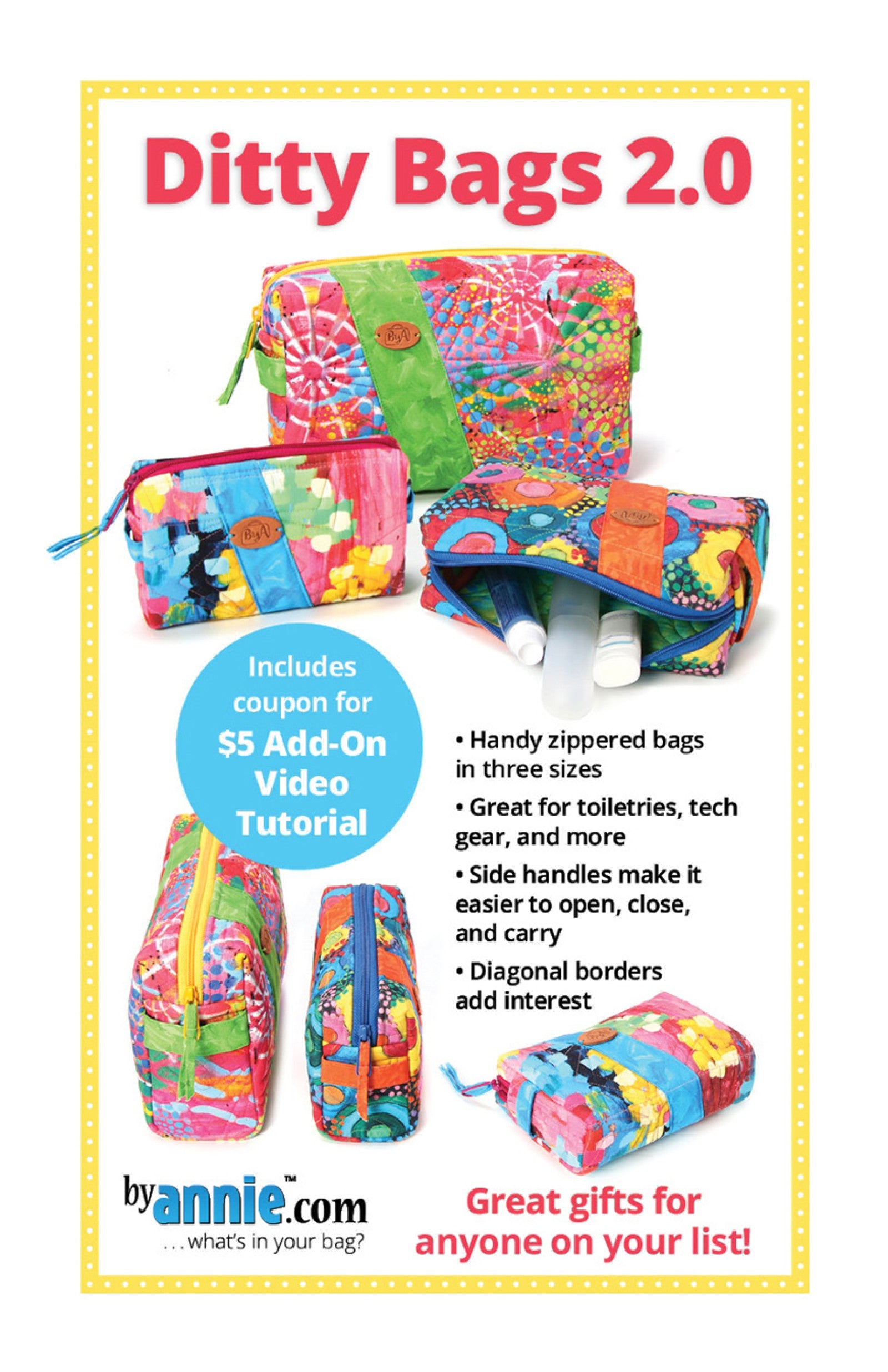 Ditty Bags 2.0 sewing pattern front cover from ByAnnie, showing three zippered bags in graduated sizes with side handles and diagonal pieced borders, and cover text reading Ditty Bags 2.0.