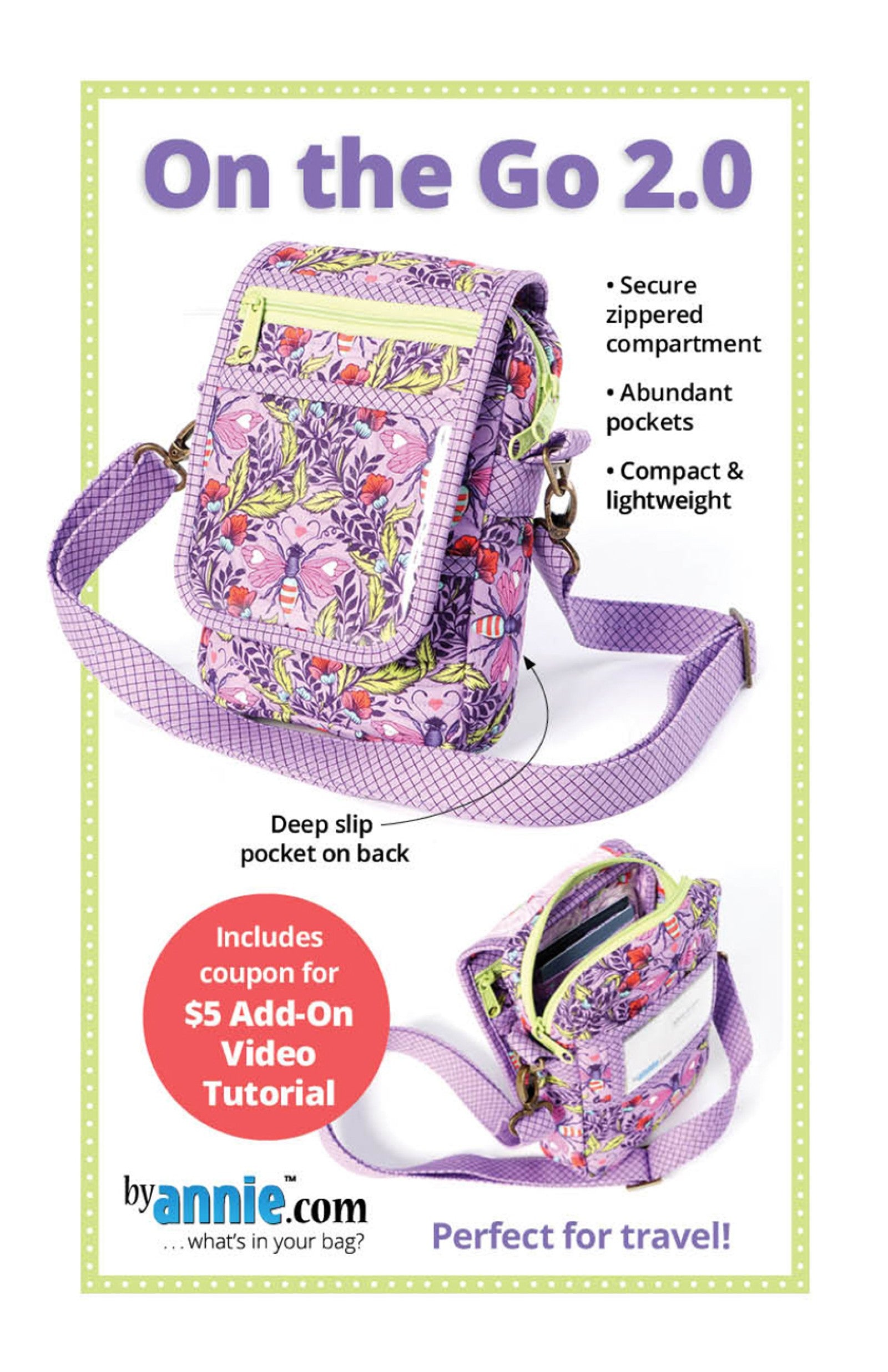 On the Go 2.0 sewing pattern front cover from ByAnnie, showing a compact crossbody bag with an adjustable strap, and cover text reading On the Go 2.0 and Perfect for travel.