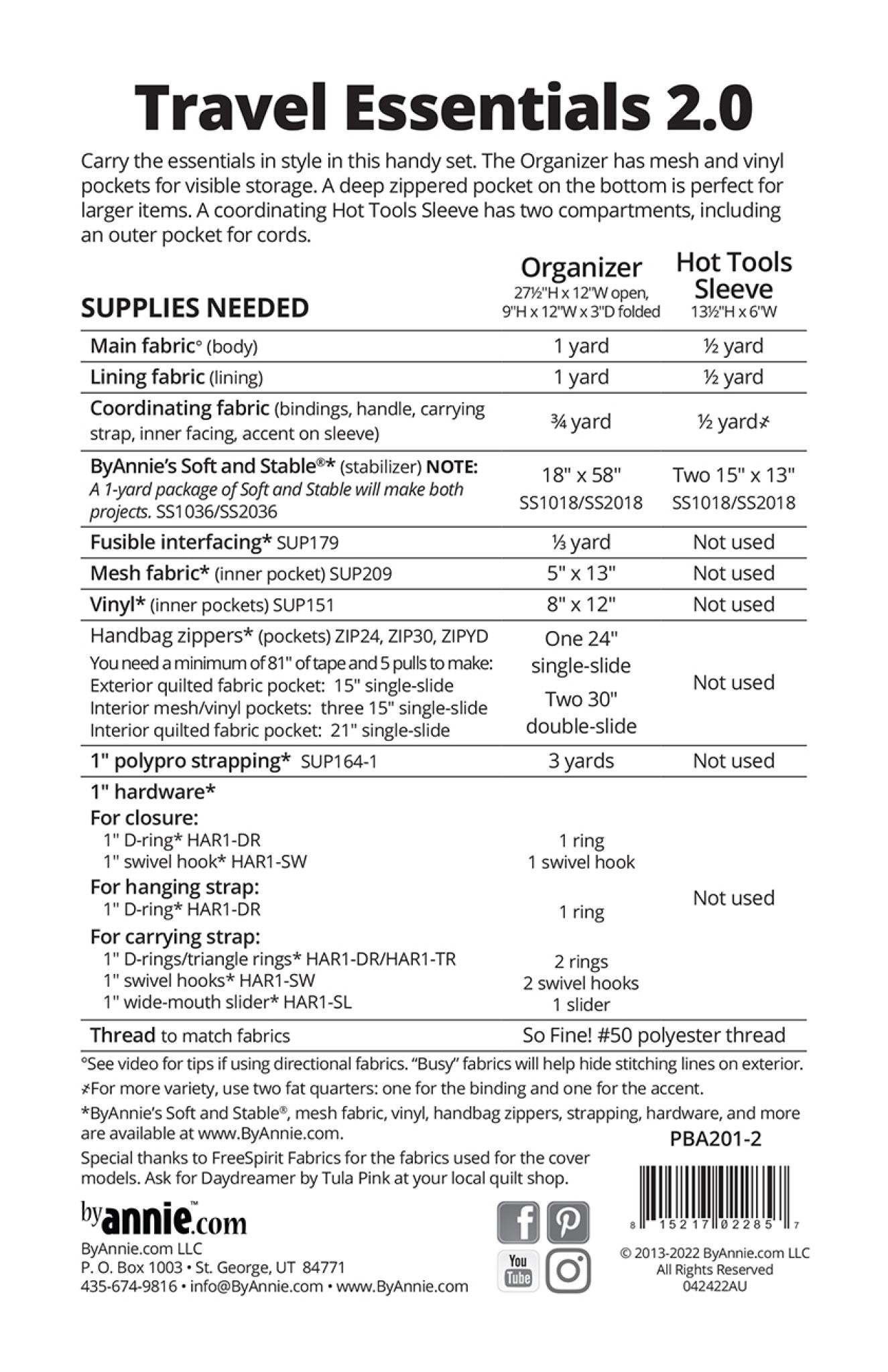 Travel Essentials 2.0 sewing pattern back cover by ByAnnie showing finished sizes and supplies list for organizer and hot tools sleeve