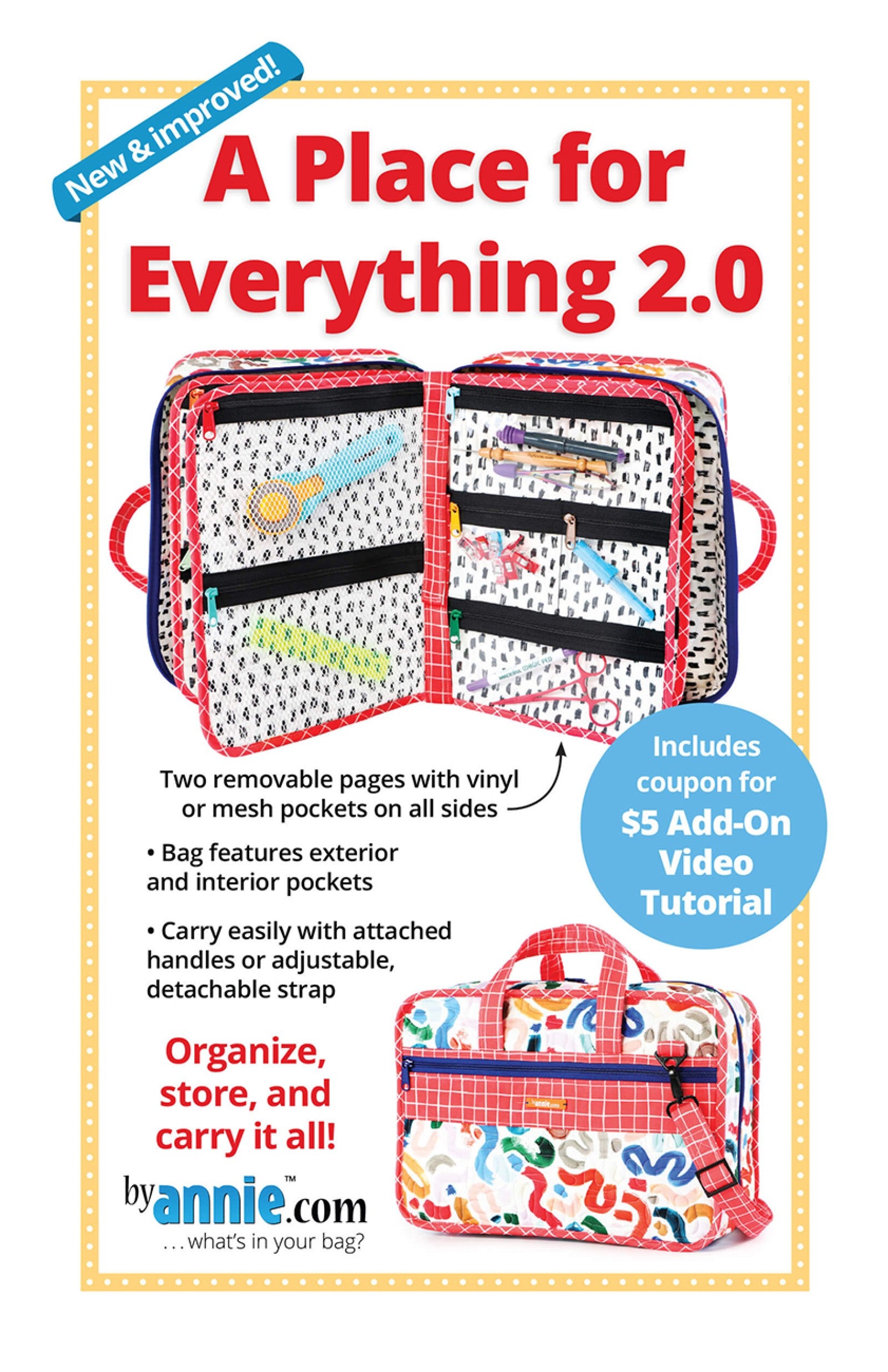 A Place for Everything 2.0 sewing pattern front cover from ByAnnie, showing a structured organizer bag opened to removable zippered pocket pages, and cover text reading A Place for Everything 2.0.