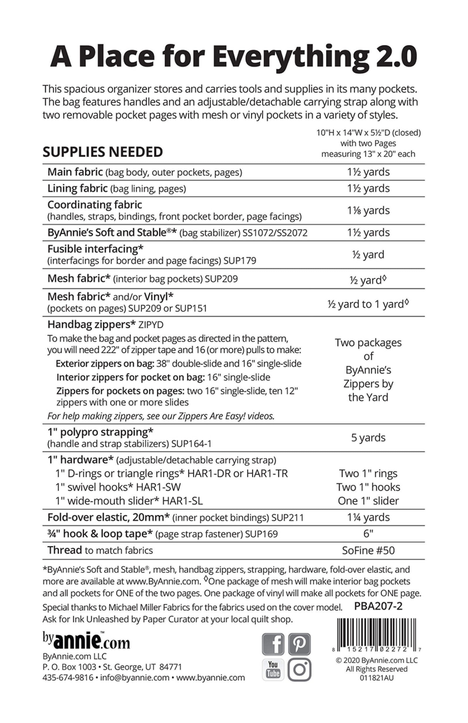 A Place for Everything 2.0 sewing pattern back cover from ByAnnie listing the finished size and the supplies needed, including fabric, ByAnnie's Soft and Stable, interfacing, mesh, vinyl, zippers, strapping, hardware, elastic, and hook-and-loop tape.