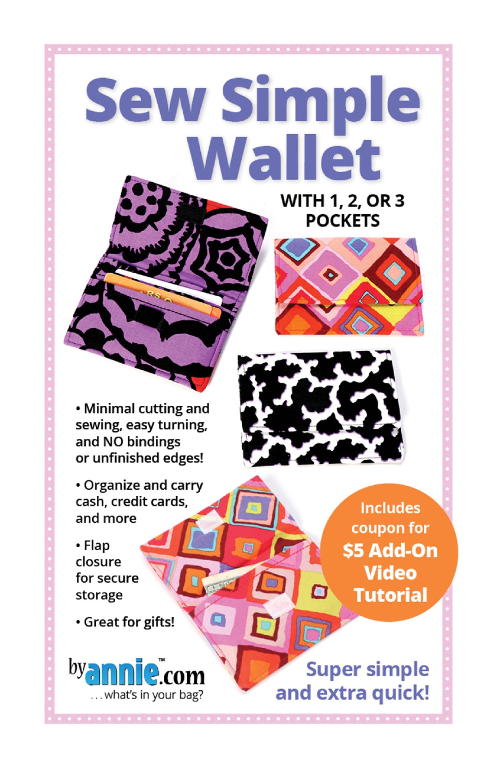 Sew Simple Wallet sewing pattern front cover from ByAnnie, showing slim flap wallets in folded and open views, and cover text reading Sew Simple Wallet with 1, 2, or 3 pockets.