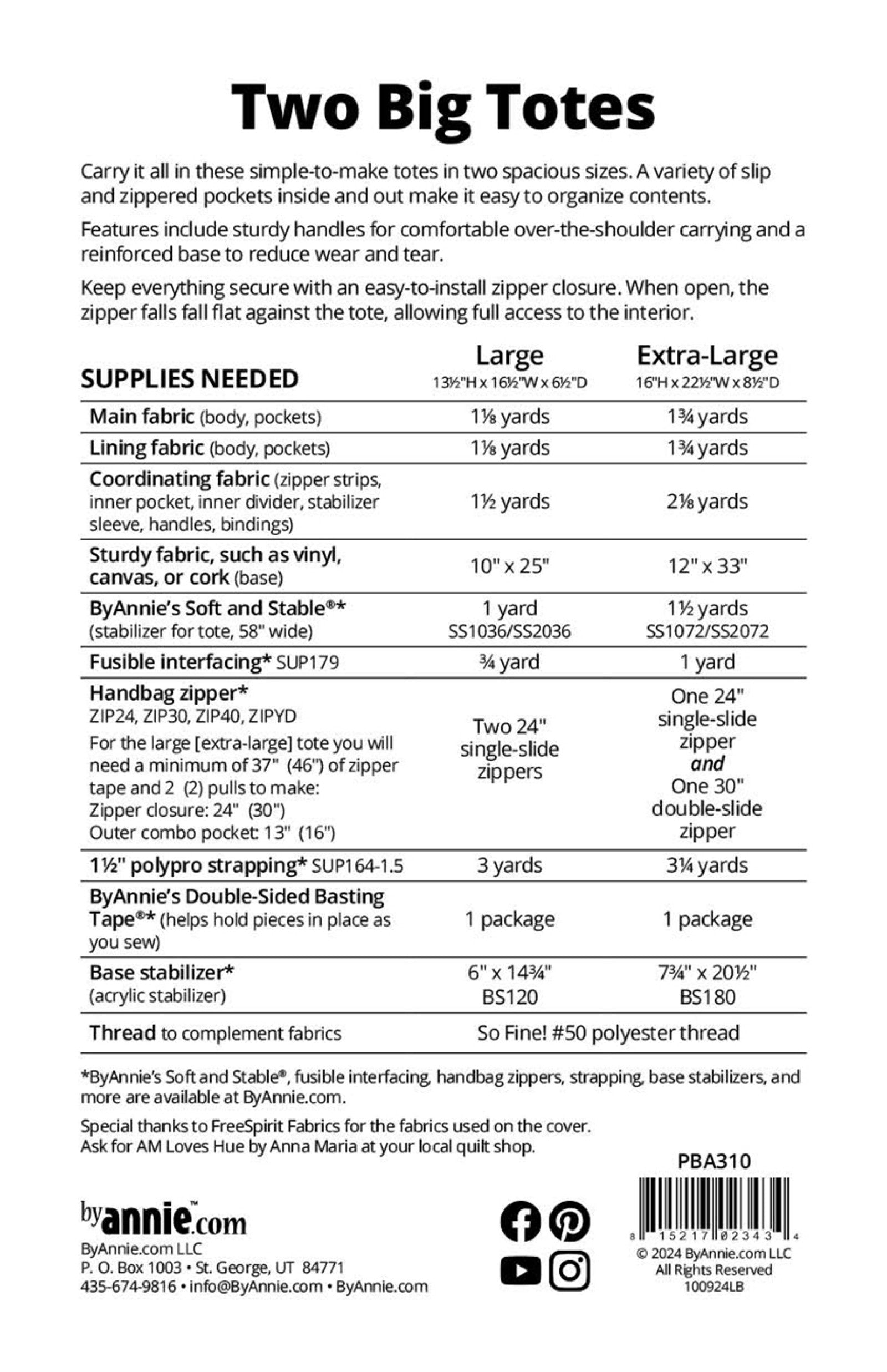 Two Big Totes pattern back cover listing finished sizes and the supply list for the large and extra-large totes, including fabric, Soft and Stable, zippers, strapping, and hardware.