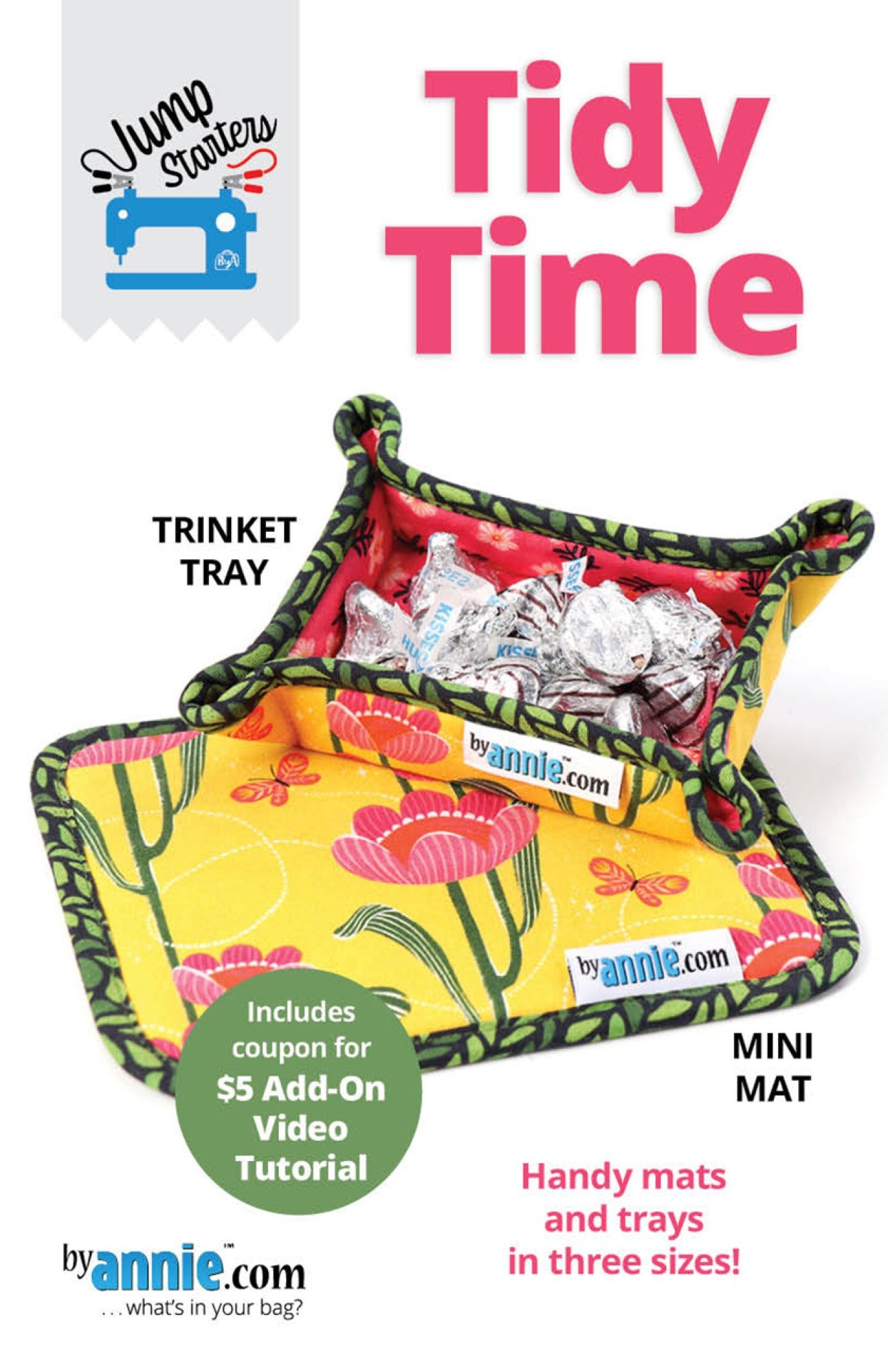 Tidy Time Jump Starters sewing pattern front cover by Annie Unrein for ByAnnie showing a quilted mini mat and trinket tray in three sizes