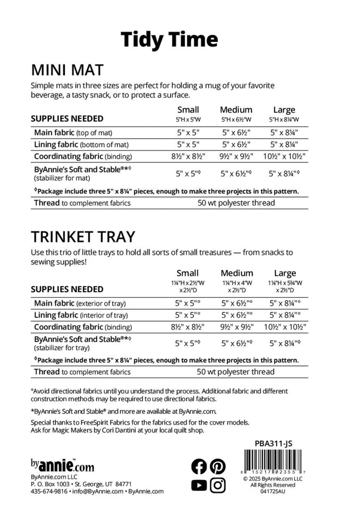 Tidy Time Jump Starters sewing pattern back cover by Annie Unrein for ByAnnie showing finished sizes and supplies list for mini mats and trinket trays