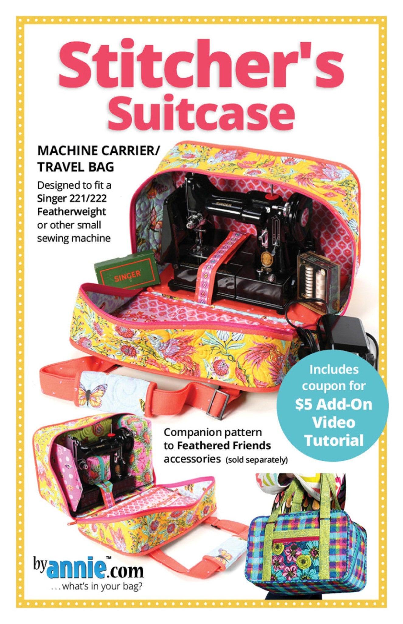 Stitcher's Suitcase sewing pattern front cover by ByAnnie showing a padded machine carrier holding a Singer Featherweight with a wide zippered opening and adjustable shoulder strap