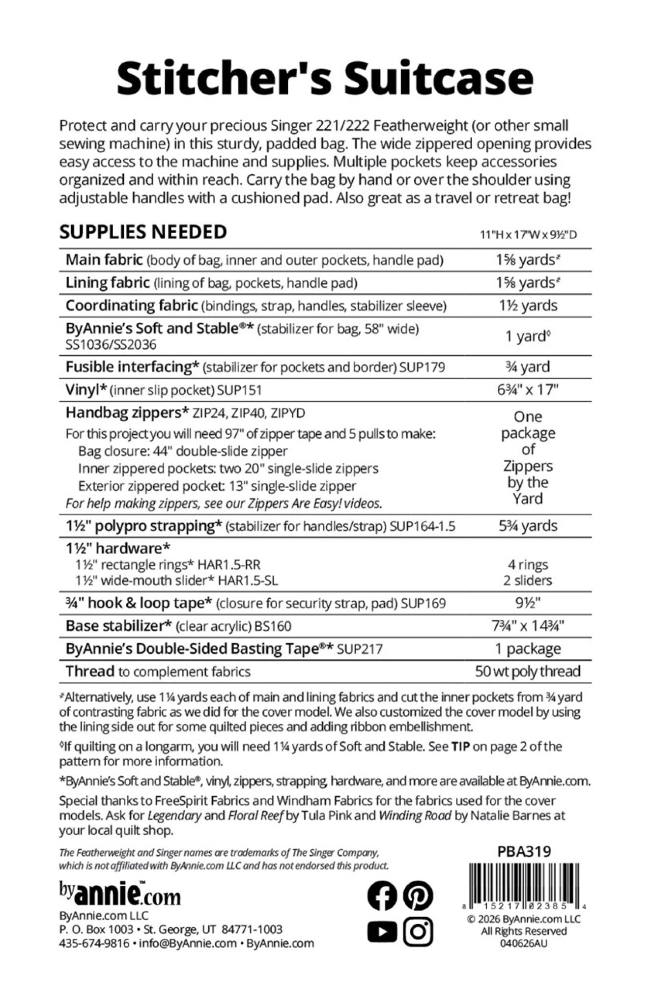Stitcher's Suitcase sewing pattern back cover by ByAnnie listing the finished size and supplies needed including Soft and Stable, zippers, hardware, and fabric requirements