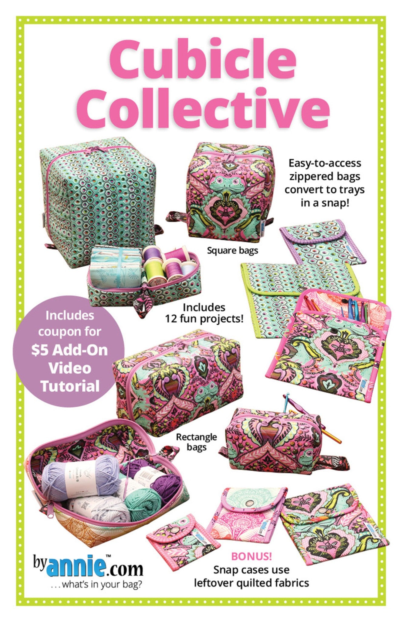 Cubicle Collective sewing pattern front cover by Annie Unrein for ByAnnie showing square and rectangle zippered tray bags and bonus snap cases