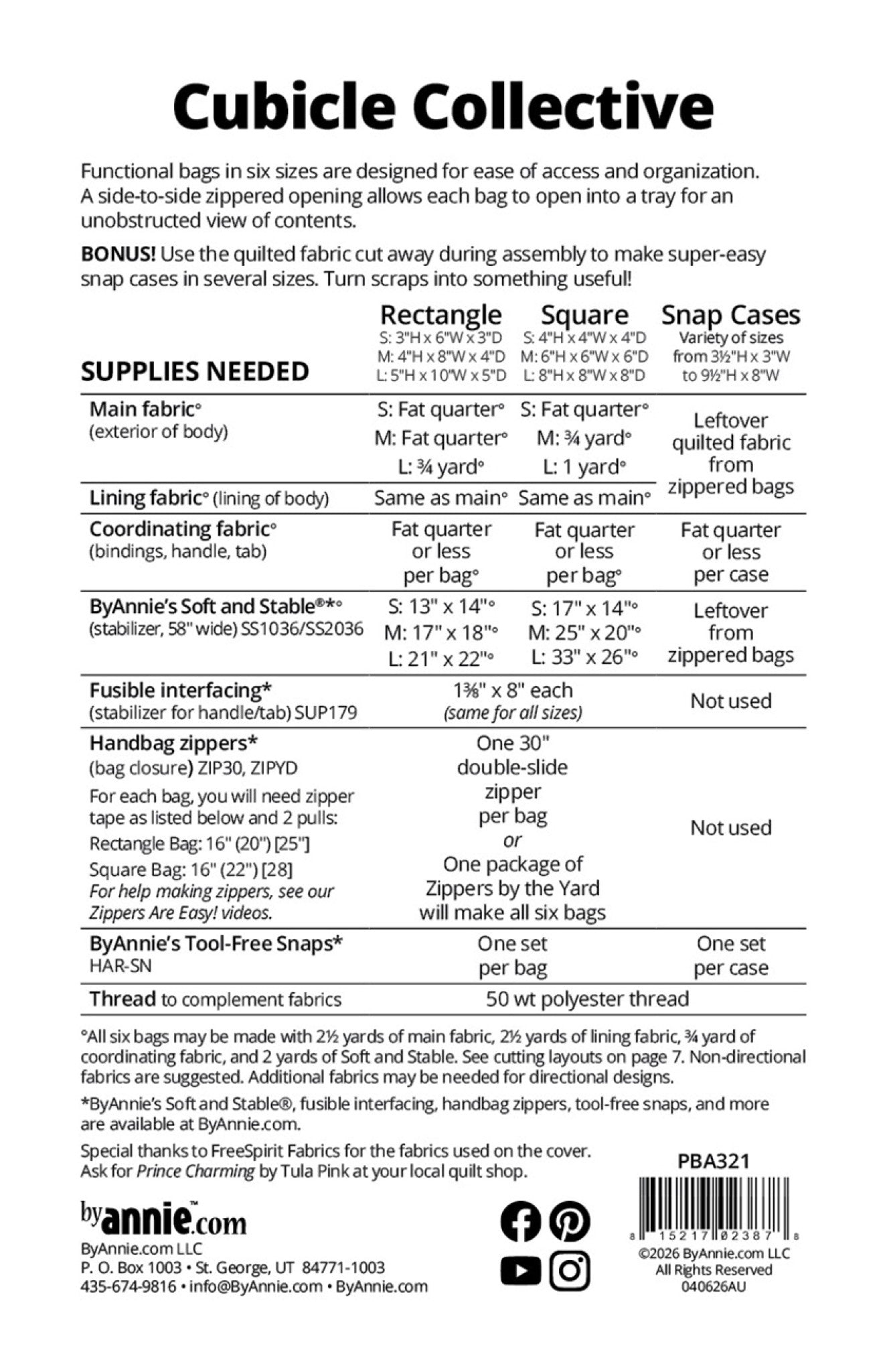 Cubicle Collective sewing pattern back cover by Annie Unrein for ByAnnie showing finished sizes and supplies list for rectangle bags, square bags, and snap cases