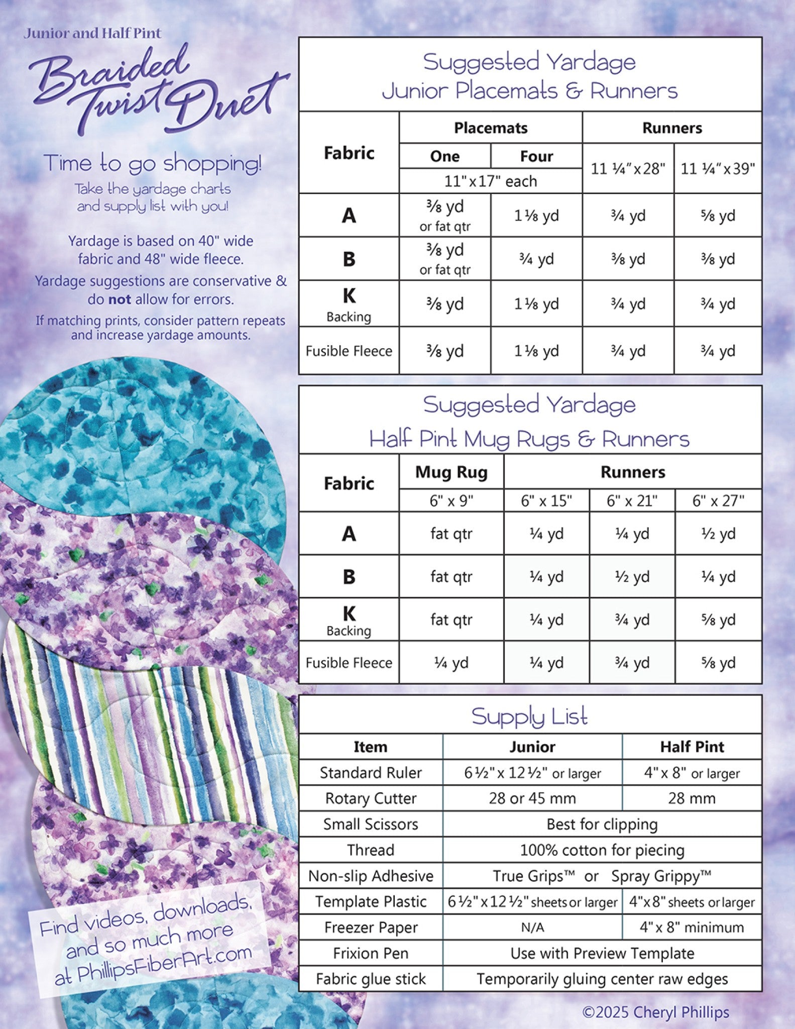 Braided Twist Duet back cover with yardage charts and supply list. Tables list Junior placemat and runner yardages and Half Pint mug rug and runner yardages for fabrics A, B, and K backing plus fusible fleece. A supply list compares standard ruler, rotary cutter, scissors, thread, non-slip adhesive, template plastic, freezer paper, Frixion pen, and fabric glue stick requirements for the Junior and Half Pint tools.