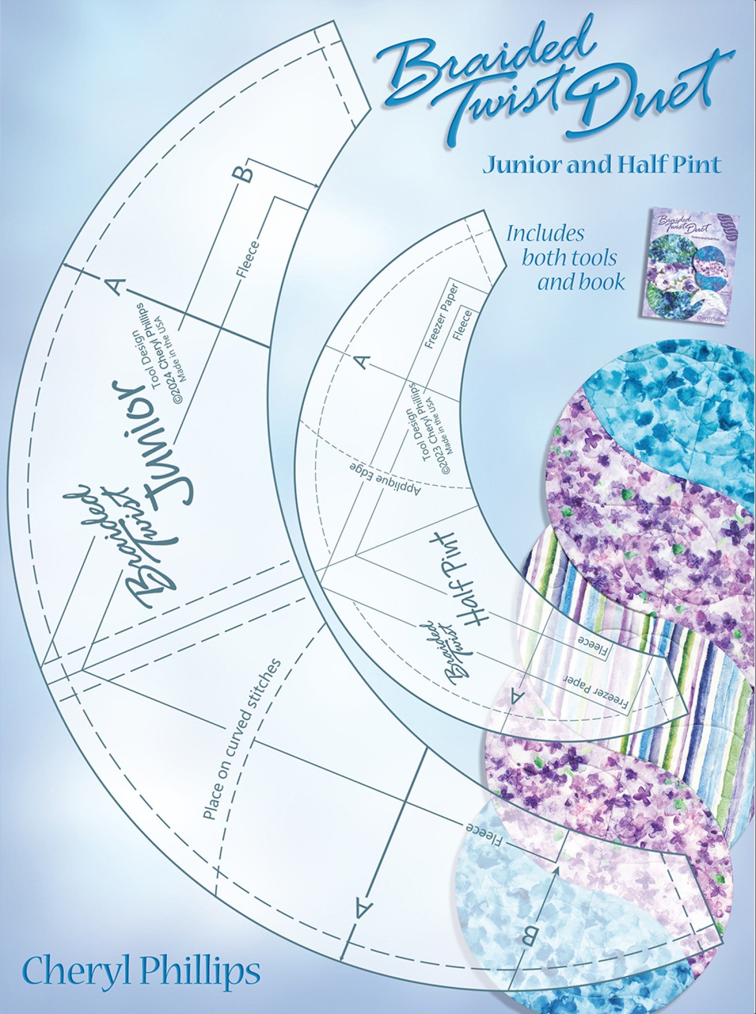 Braided Twist Junior and Half Pint acrylic template tools shown at full scale on a blue background, with marking lines for fleece, freezer paper, and applique edge clearly visible. A stack of finished projects in purple florals, green and lavender stripes, and turquoise sits to the right. Text reads 'Includes both tools and book.'