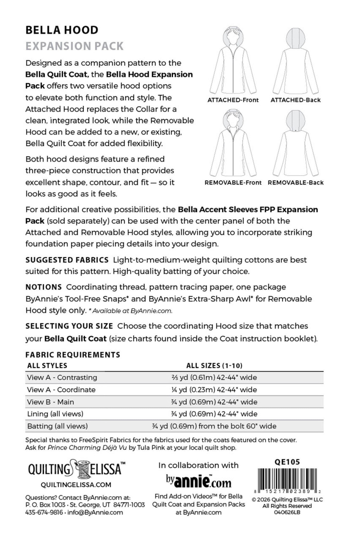 Back cover of the Bella Quilt Coat Hood Expansion Pack with description, fabric requirements, notions, and line drawings of the attached and removable hood styles, front and back.