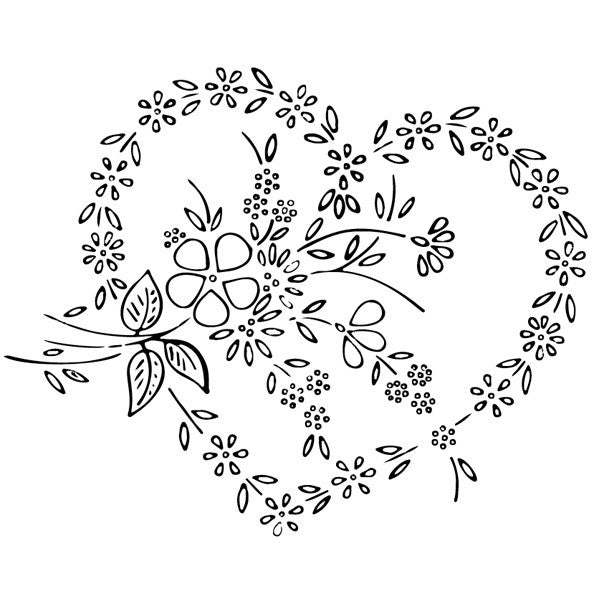 Line drawing of the Vintage Heart-Wreath embroidery pattern included free with Sulky Stick 'n Stitch, two overlapping hearts of flowers and leaves.