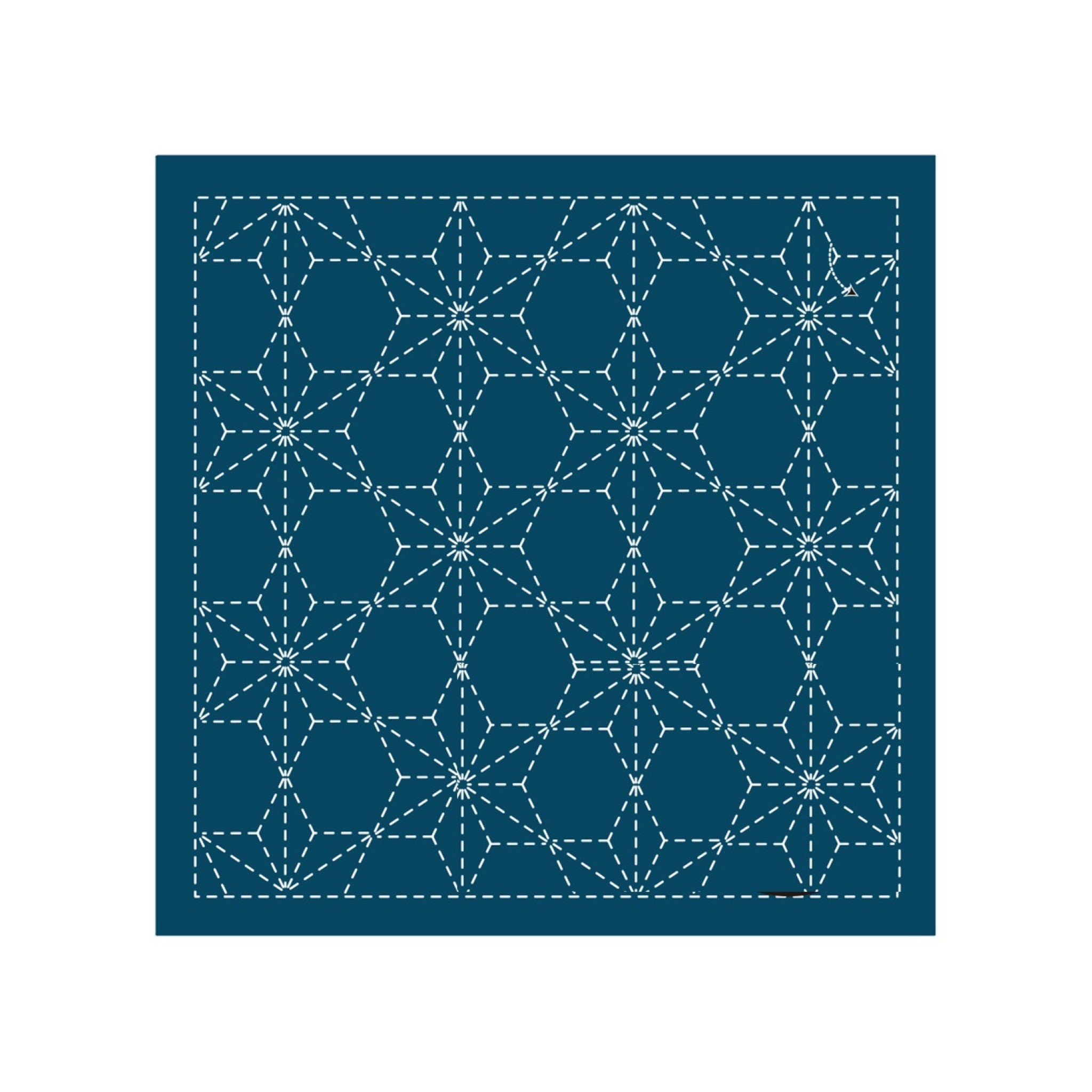Sashiko Sampler Tobi-Asa-No-Ha Navy from EmmaCreation, Olympus preprinted sashiko cloth showing the tobi-asa-no-ha scattered hemp leaf motif as spaced six-pointed stars joined by a fine framework with open hexagons of plain navy between them, in white dashed lines ready to stitch over with running stitch.