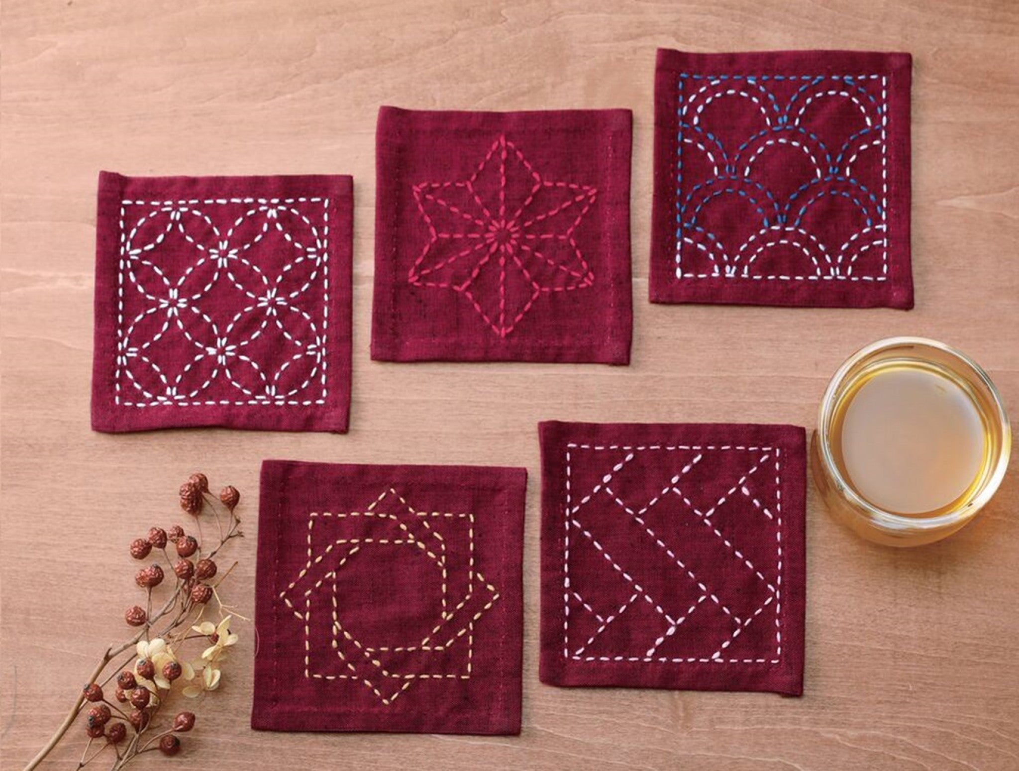 Sashiko Tsumugi Sampler Coasters Deep Red from EmmaCreation