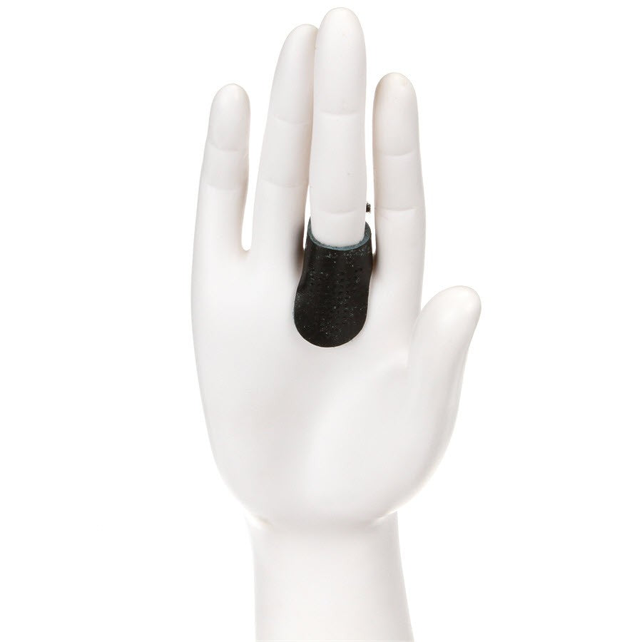 A white display hand, palm facing forward, wearing the black Olympus leather thimble on the palm side of the middle finger near its base.