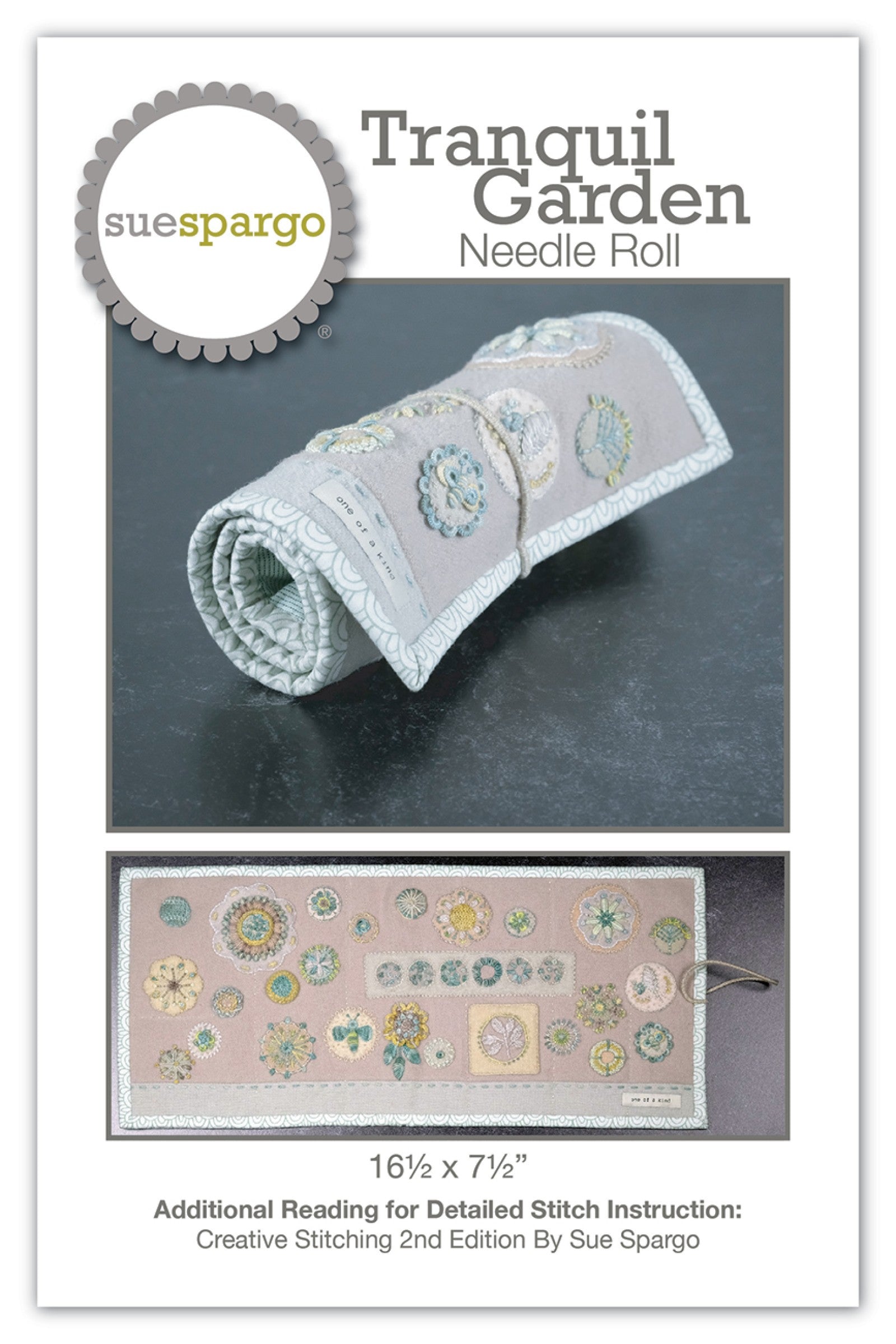 Tranquil Garden Needle Roll applique and embroidery sewing pattern by Sue Spargo of Folk Art Quilts. Front cover shows the soft aqua-and-cream needle roll both rolled and tied and opened flat, scattered with appliquéd and embroidered circles, flowers, and a bee on a pale wool ground. Size 16-1/2 by 7-1/2 inches.
