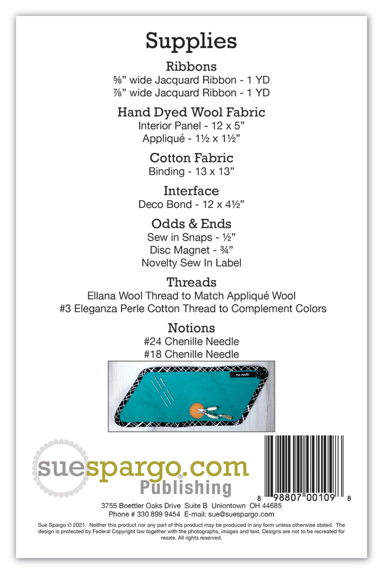 Back cover of The Traveler Needle Keeper pattern by Sue Spargo of Folk Art Quilts. Supply list with the jacquard ribbons, hand-dyed wool, cotton binding, interfacing, snap and disc magnet, threads, and needles, plus an inset of the open keeper holding needles, with the UPC barcode.