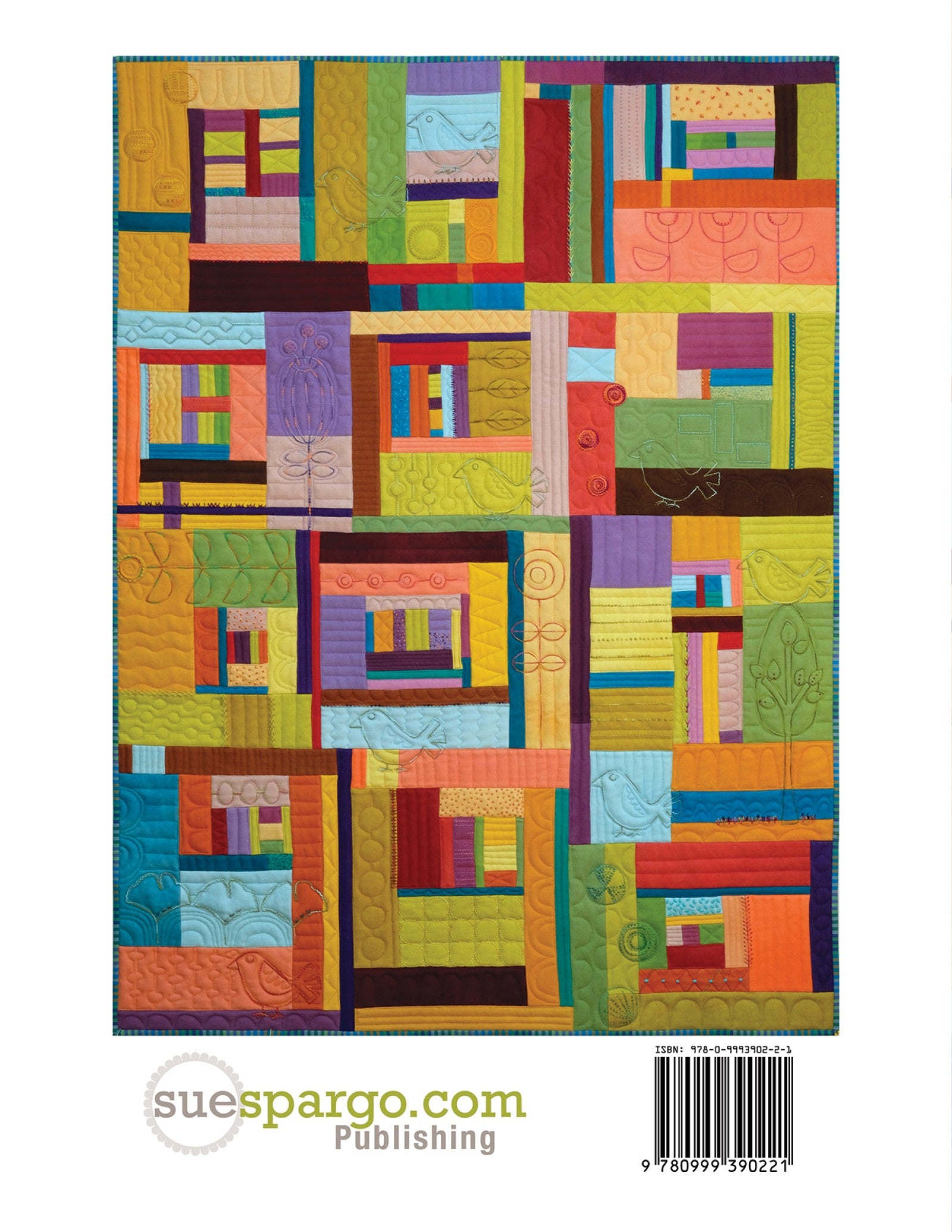 Back cover of Nature Trail by Sue Spargo of Folk Art Quilts, showing the full pieced wool patchwork quilt in colorful solids with hand-embroidered nature motifs, beside the suespargo.com Publishing logo and the book barcode.