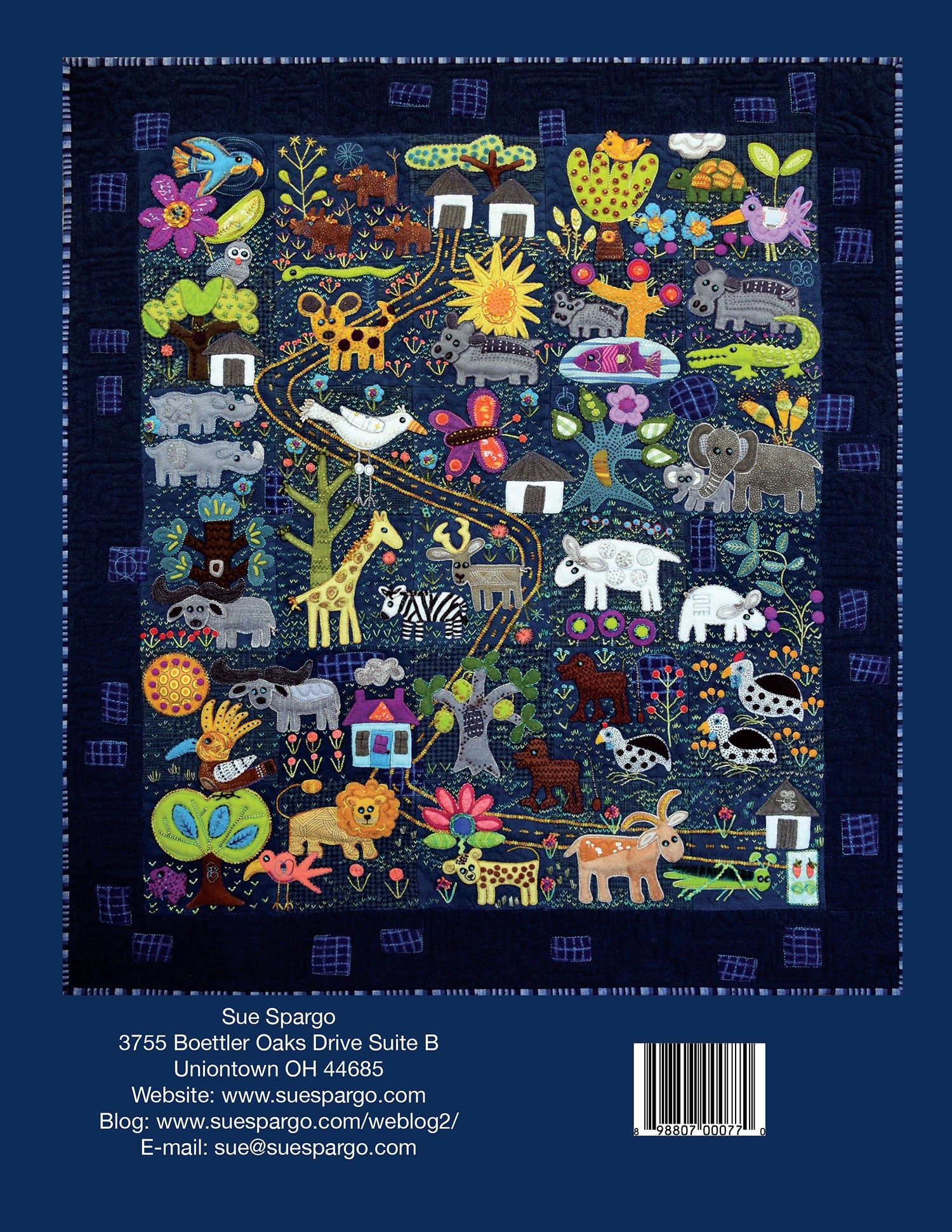 Back cover of Folk-Tails by Sue Spargo of Folk Art Quilts, showing the full finished African animal quilt on a midnight-blue ground, with the Sue Spargo address and barcode.