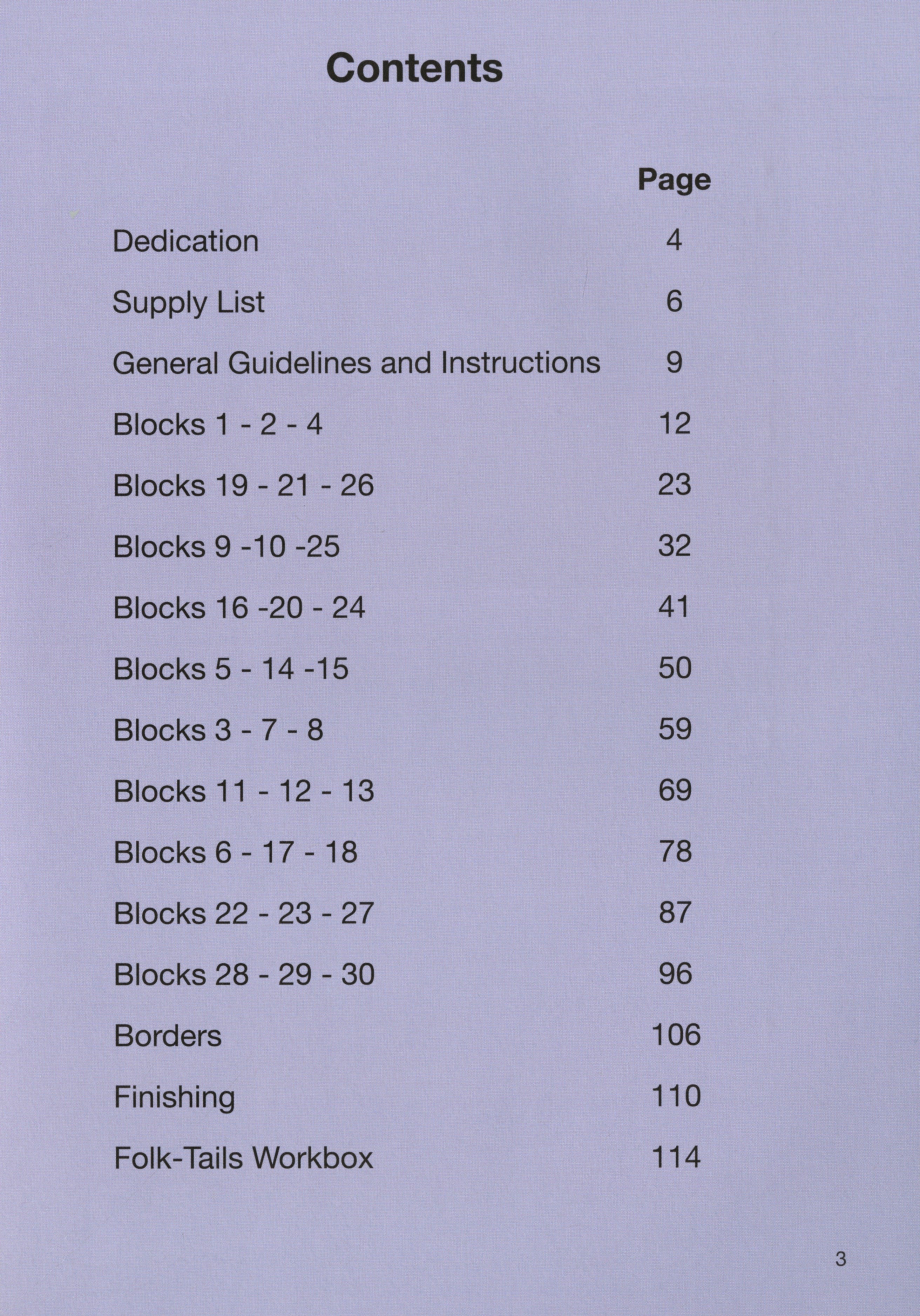 Table of contents page from the Folk-Tails book, listing the dedication, supply list, general guidelines, thirty animal blocks across chapters, borders, finishing, and the Folk-tails Workbox bonus project.
