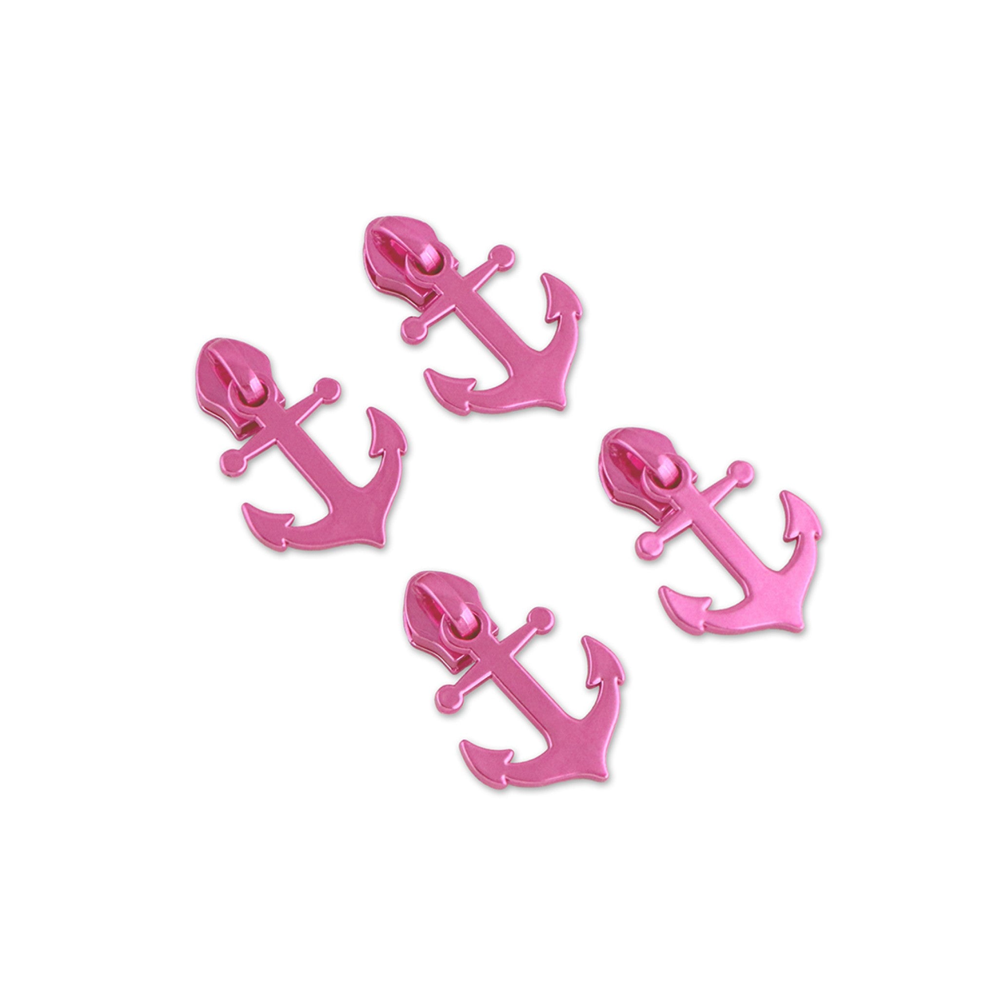 Four hot pink metallic anchor-shaped Sinkies zipper pulls by Tula Pink for Sallie Tomato, Floral Reef Collection — pack of 4, fits #5 nylon coil zipper tape