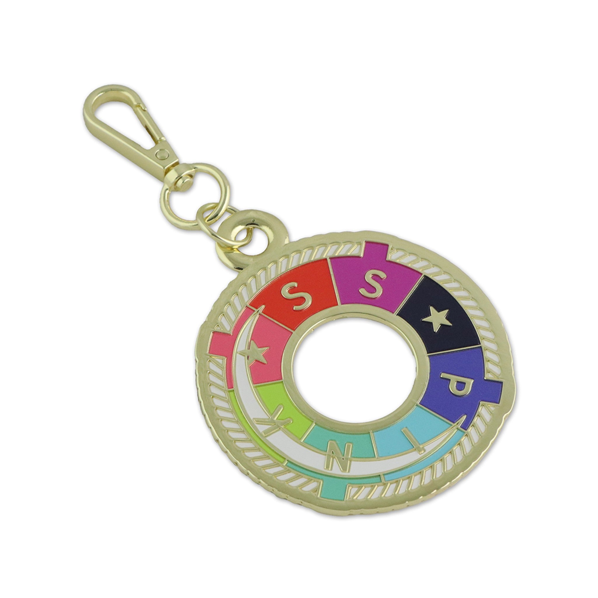 Tula Pink S.S. Pink Deep Dive hard enamel bag charm by Sallie Tomato – multicolor life preserver ring with S.S. PINK lettering in bold enamel segments, gold rope-texture border, and gold lobster clasp