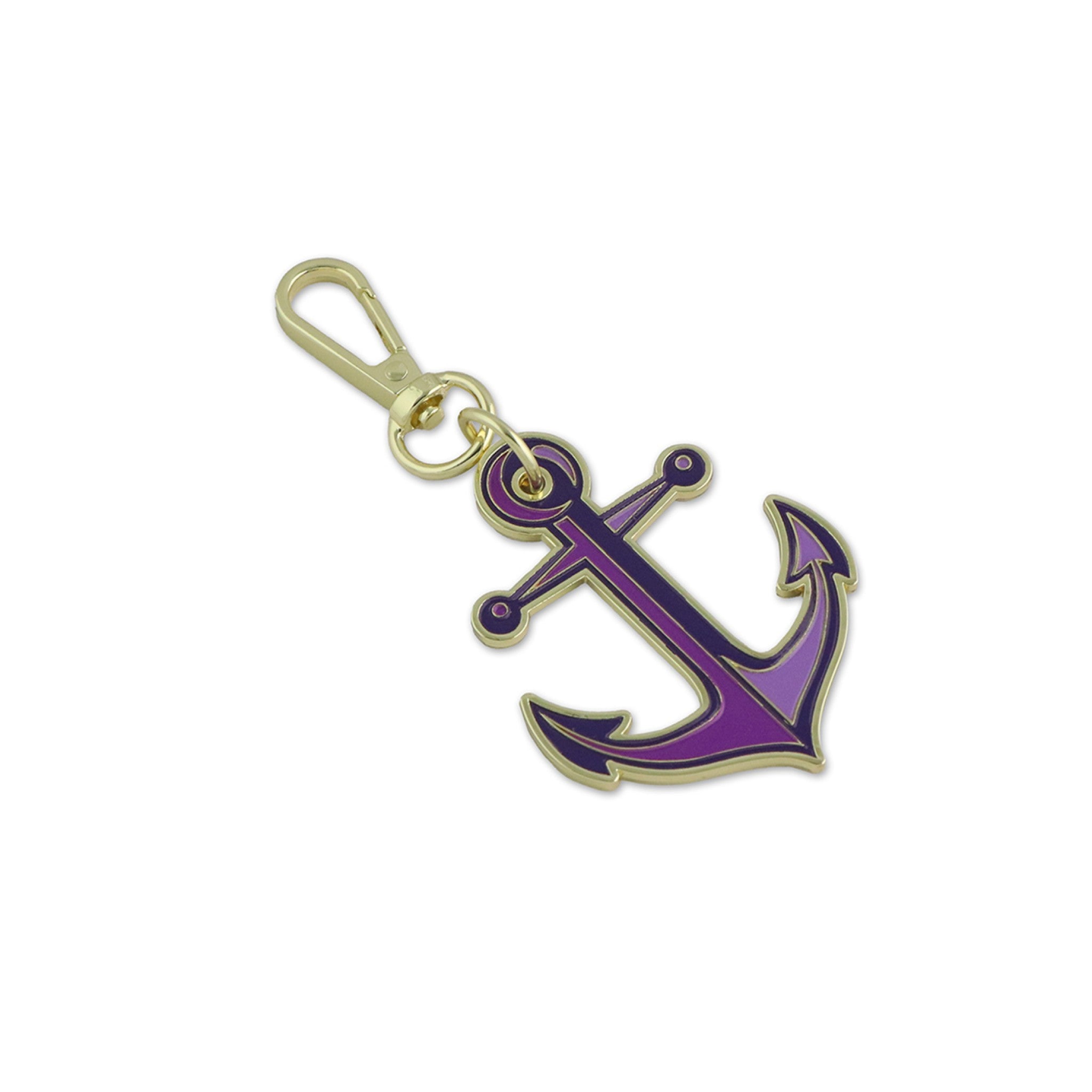 Tula Pink Anchors Aweigh Ultraviolet hard enamel bag charm by Sallie Tomato – anchor shape in deep violet and medium purple, gold metal finish, and gold lobster clasp
