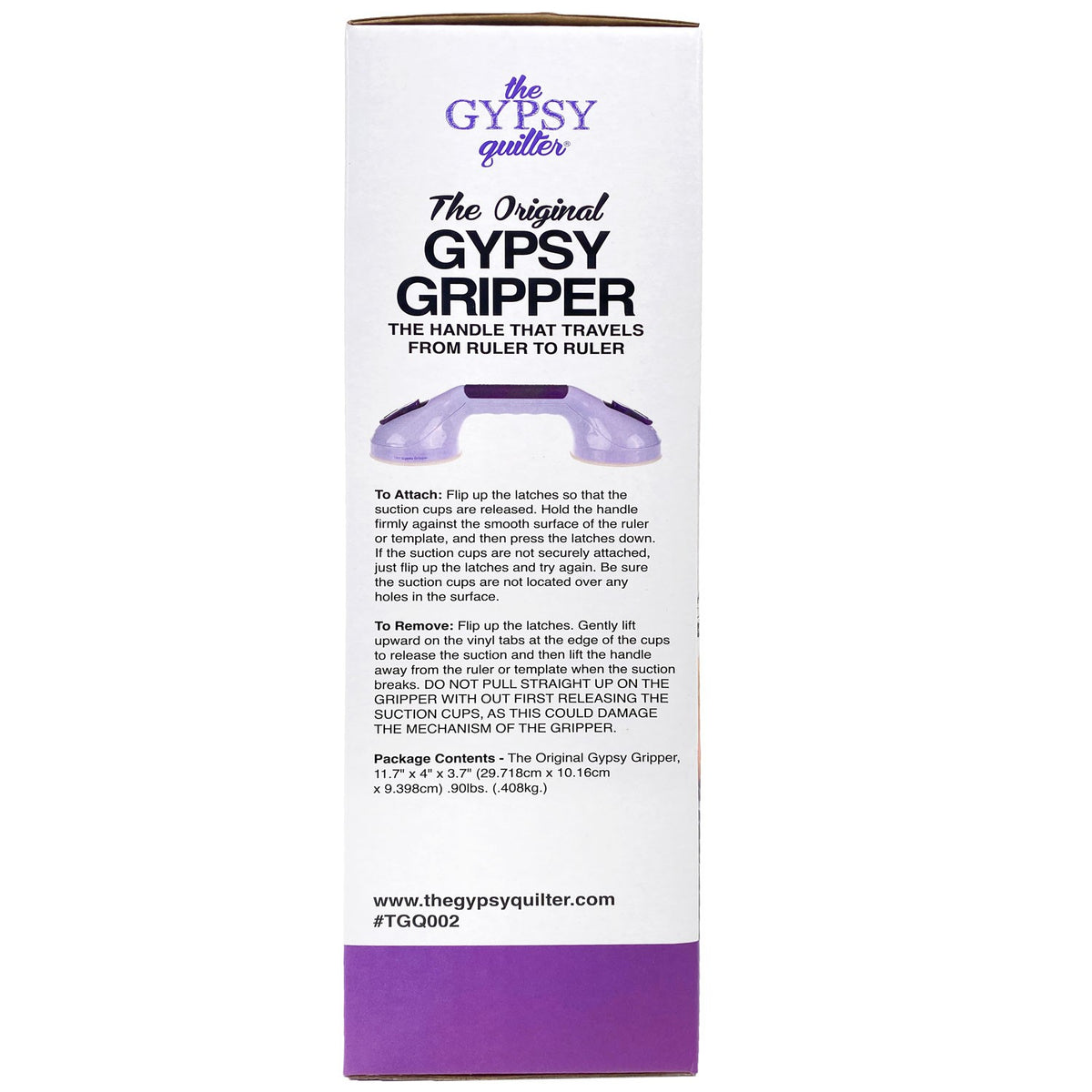 Side panel of the Original Gypsy Gripper box with printed steps to attach and remove the suction cups, the package contents, and item number TGQ002.