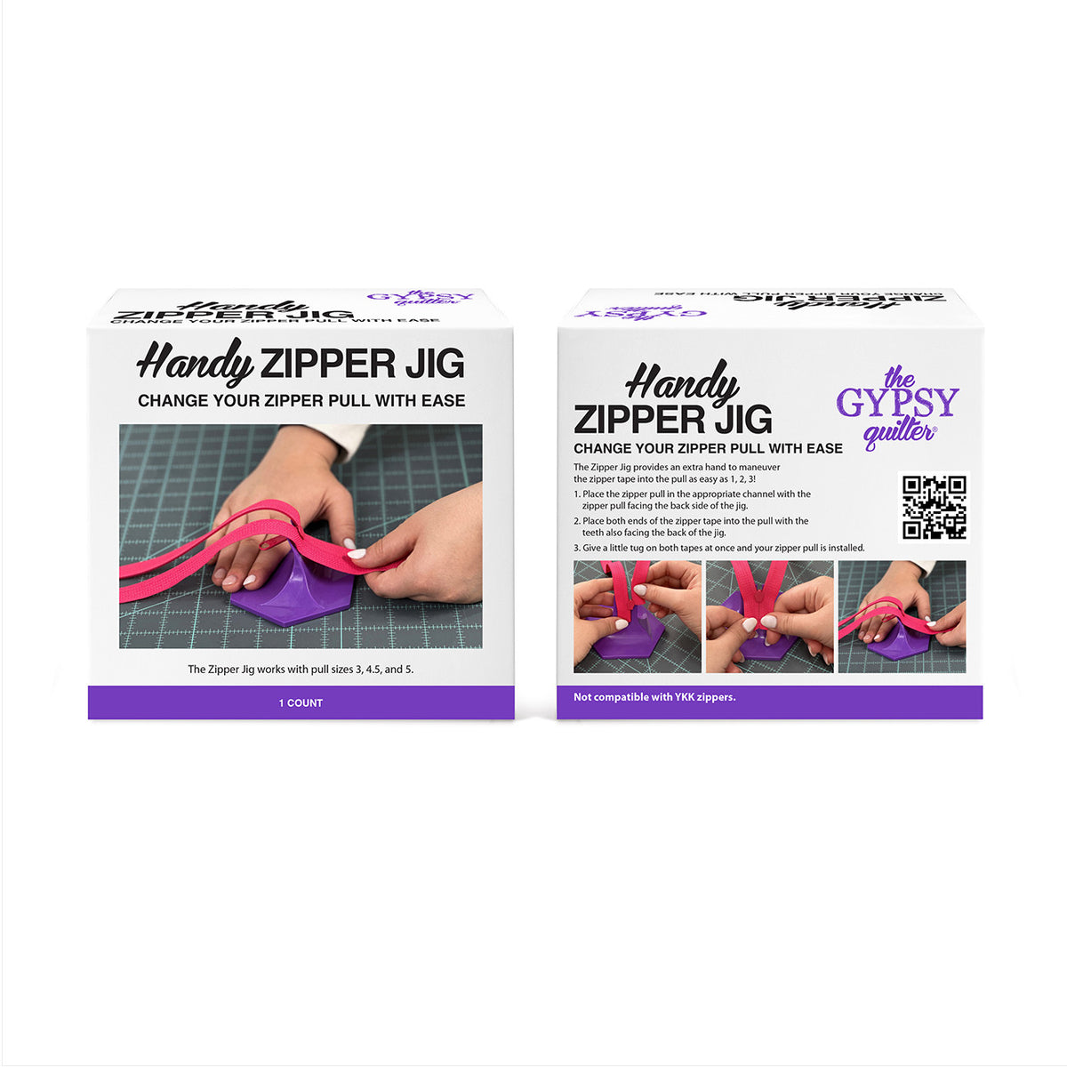 Front and back of the Handy Zipper Jig box; the back shows three numbered steps with photos of hands installing a pull on pink zipper tape and the note Not compatible with YKK zippers.
