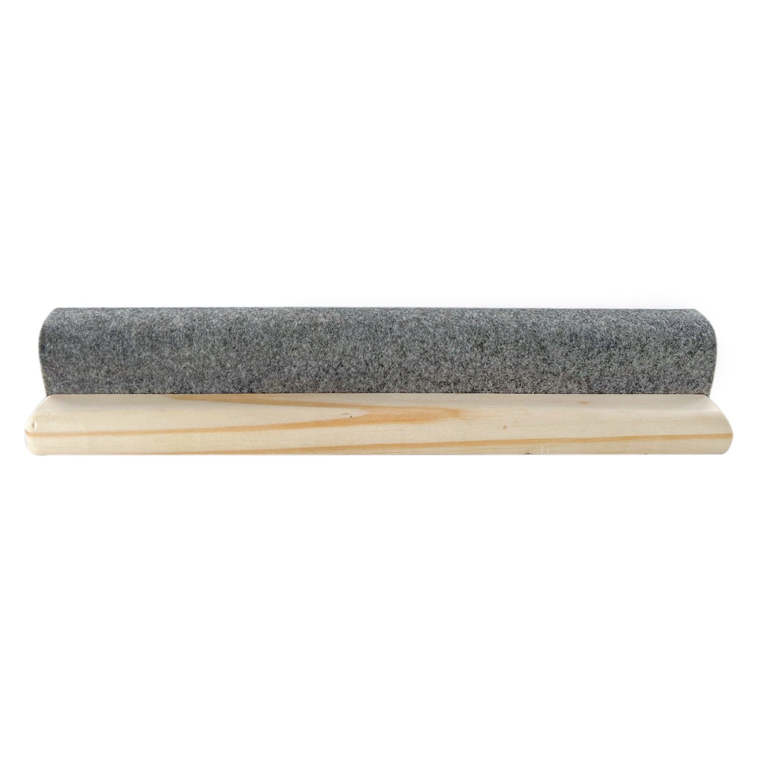 The Gypsy Quilter 12-inch Wool Pressing Bar viewed from the side on a white background, the gray wool rounded top resting along a flat light wood clapper base.