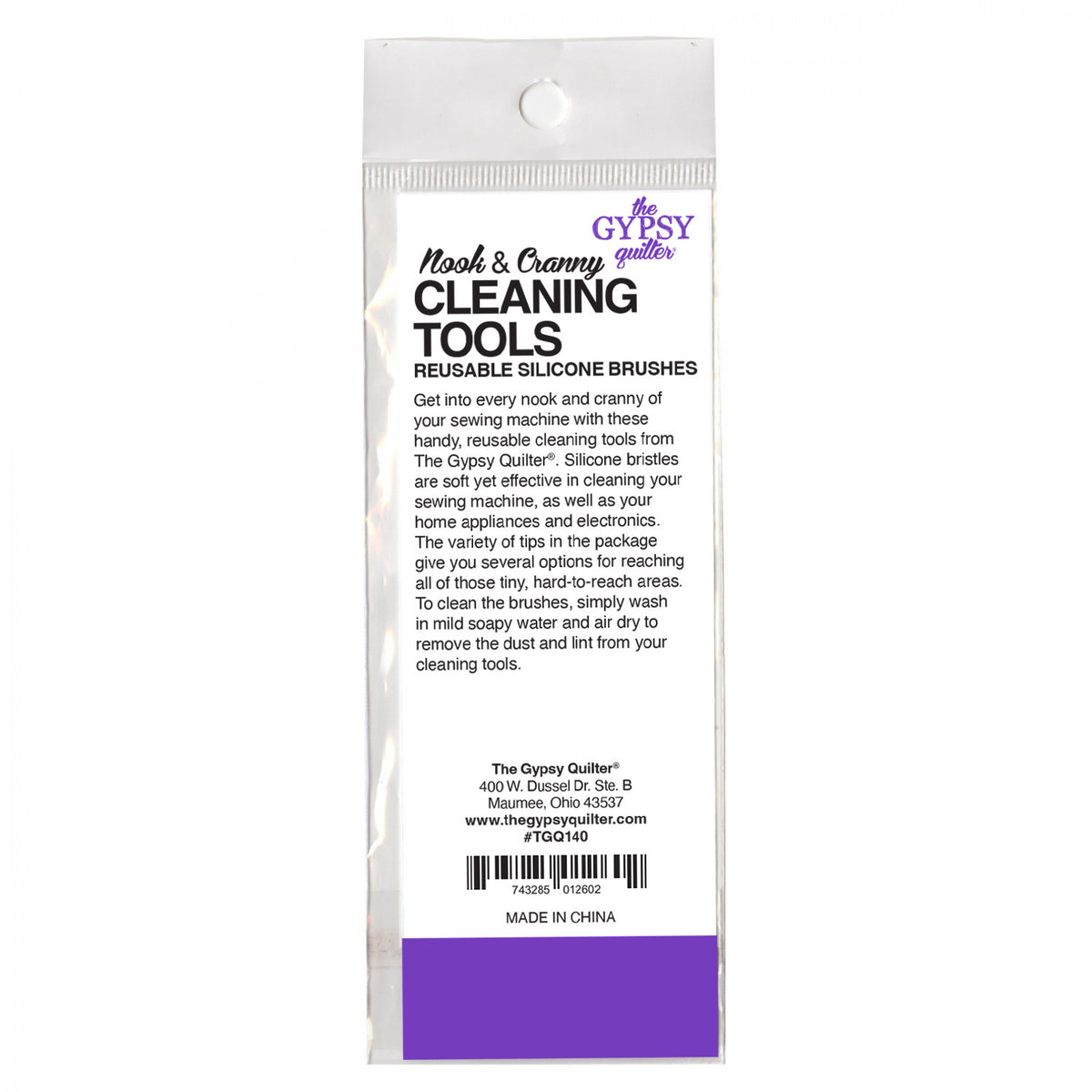 Back of The Gypsy Quilter Nook and Cranny Cleaning Tools package with the printed description, The Gypsy Quilter address in Maumee, Ohio, item number TGQ140, and a barcode.