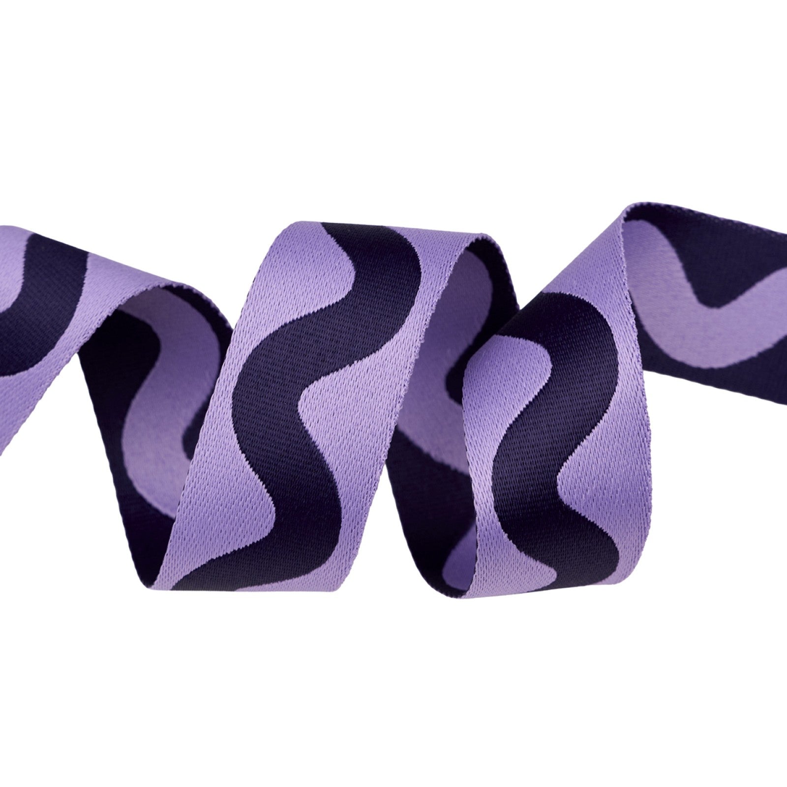 Tula Pink Floral Reef Big Squiggle webbing in Ultraviolet from Renaissance Ribbons, a 1-1/2 inch woven polyester strap twisting on white to show a deep aubergine squiggle on lavender and the reverse, lavender on aubergine.