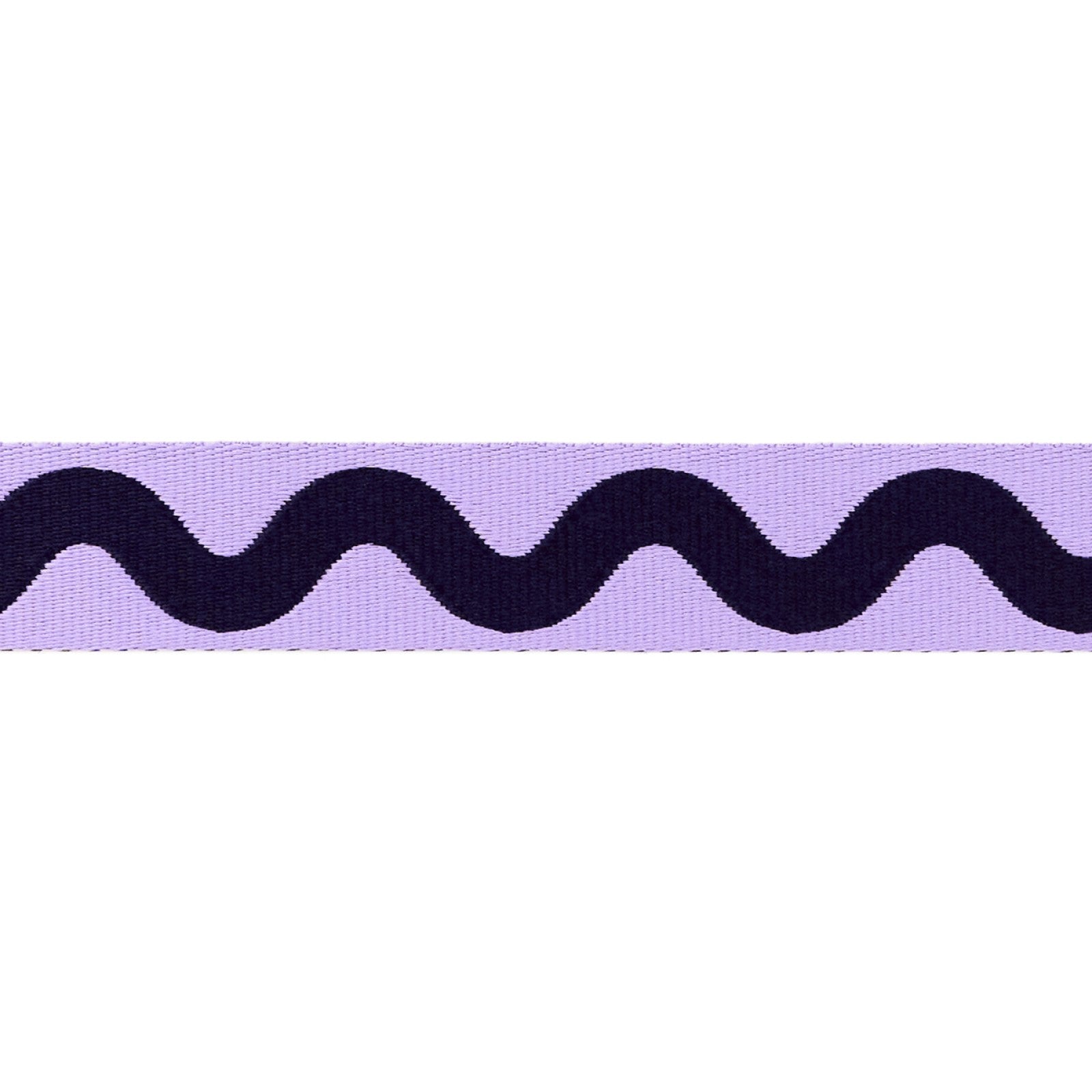 Flat close view of the Ultraviolet Lil Squiggle webbing, 1 inch wide, showing the woven two-color squiggle and the textured weave.