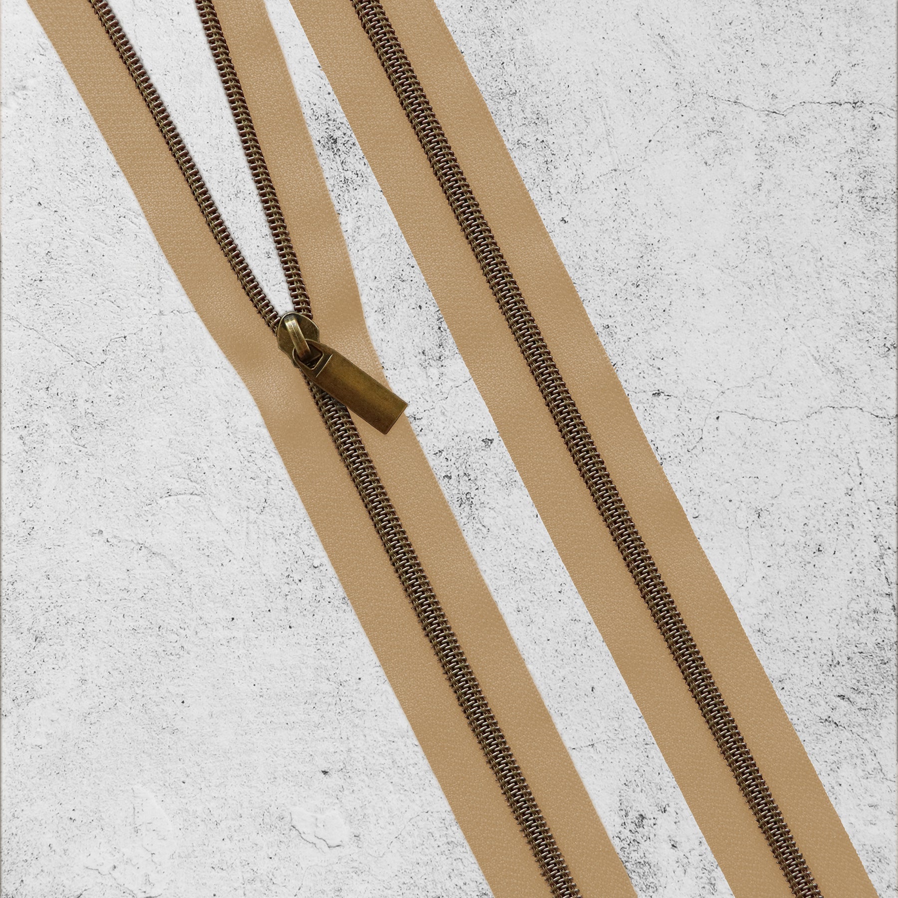 Natural #5 Nylon Antique Brass Coil Zippers: 3 Yards with 9 Pulls from Sallie Tomato