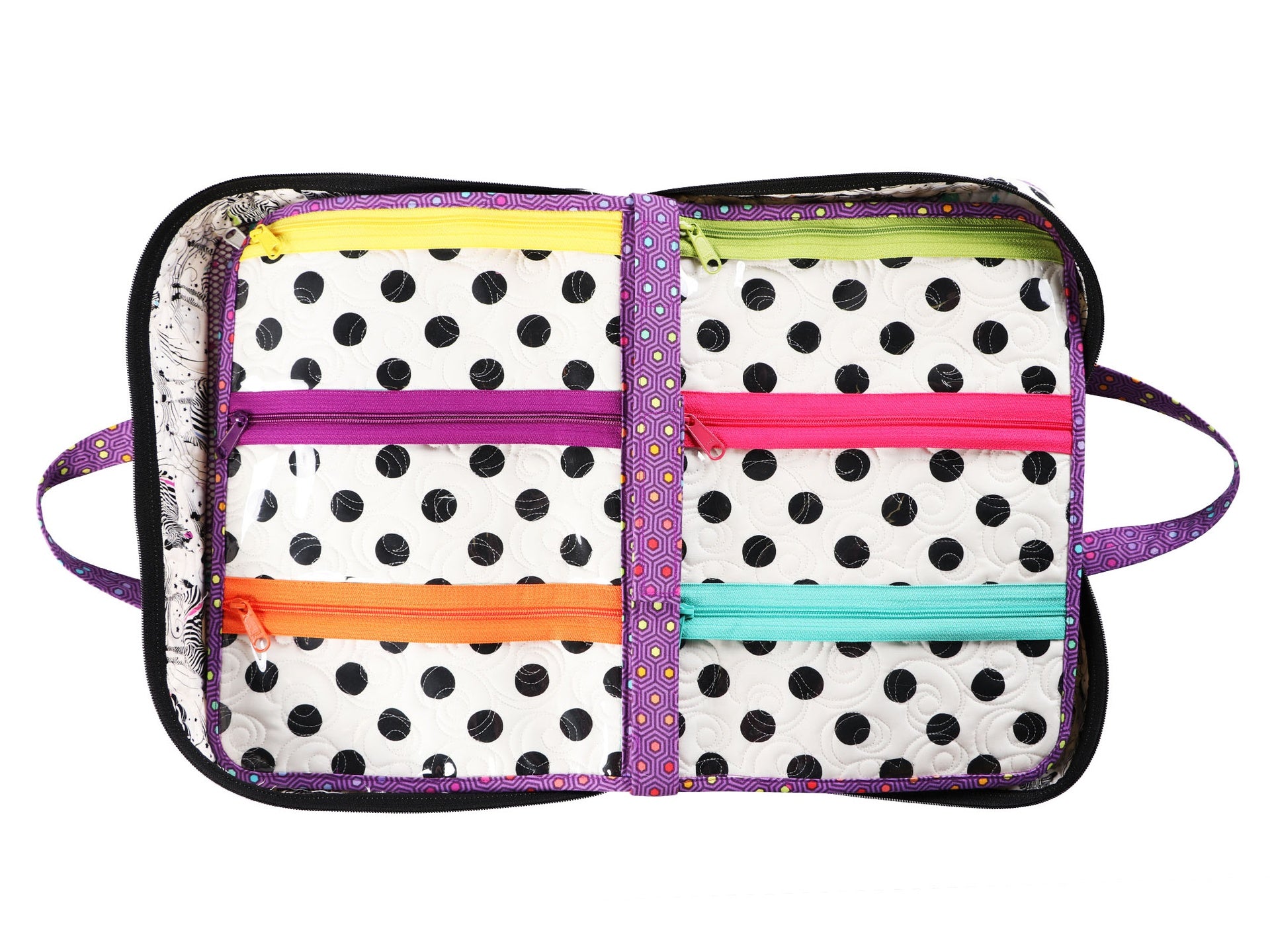 An A Place for Everything organizer opened to show the two removable pages lined with zippered pockets.