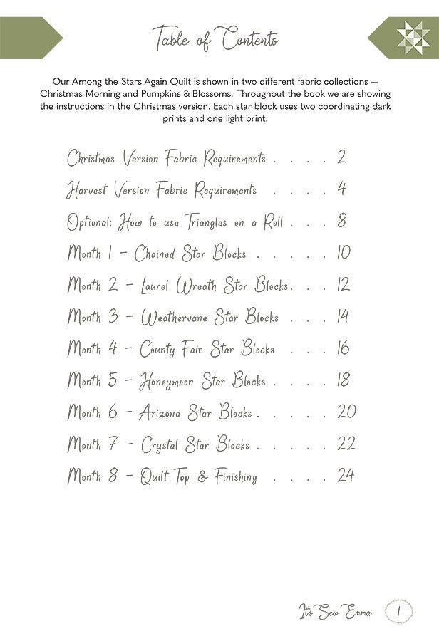 Table of contents page from the Among the Stars Again book, listing fabric requirements for both colorways, an optional triangle paper how-to, seven monthly star block chapters, and quilt top finishing.
