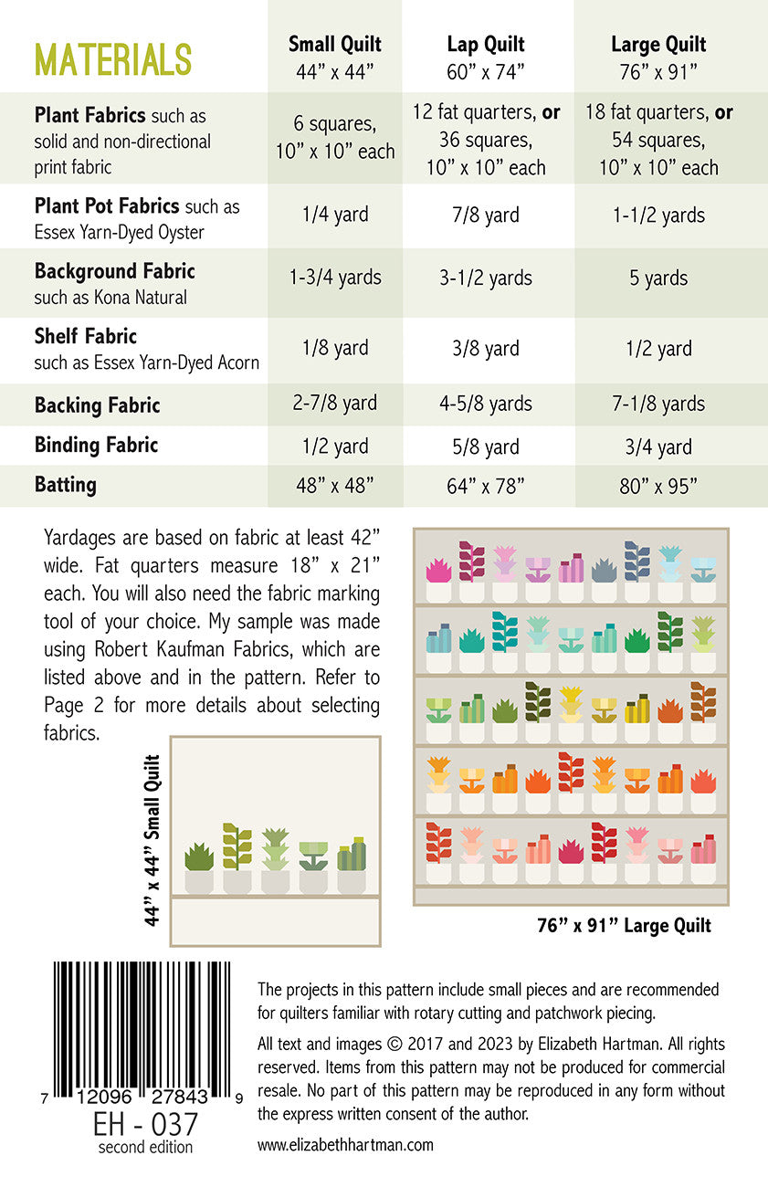 Back cover of Greenhouse quilt pattern second edition by Elizabeth Hartman showing materials chart for 44 by 44 inch small, 60 by 74 inch lap, and 76 by 91 inch large quilts, with fat quarter and 10 inch square requirements, plus layout diagrams for the small and large quilts showing plants in a full rainbow of colors.