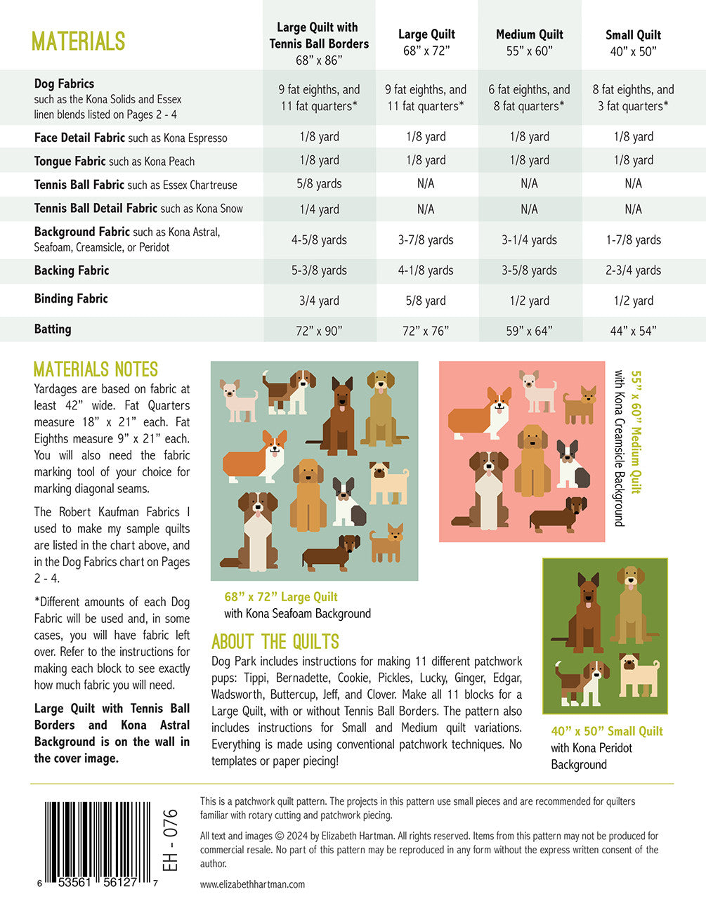 Back cover of Dog Park quilt pattern by Elizabeth Hartman showing materials chart for four quilt sizes including Large with Tennis Ball Borders, Large, Medium, and Small, with fat quarter and fat eighth requirements, layout diagrams for the large, medium, and small quilts, and notes on the 11 named dog breeds.
