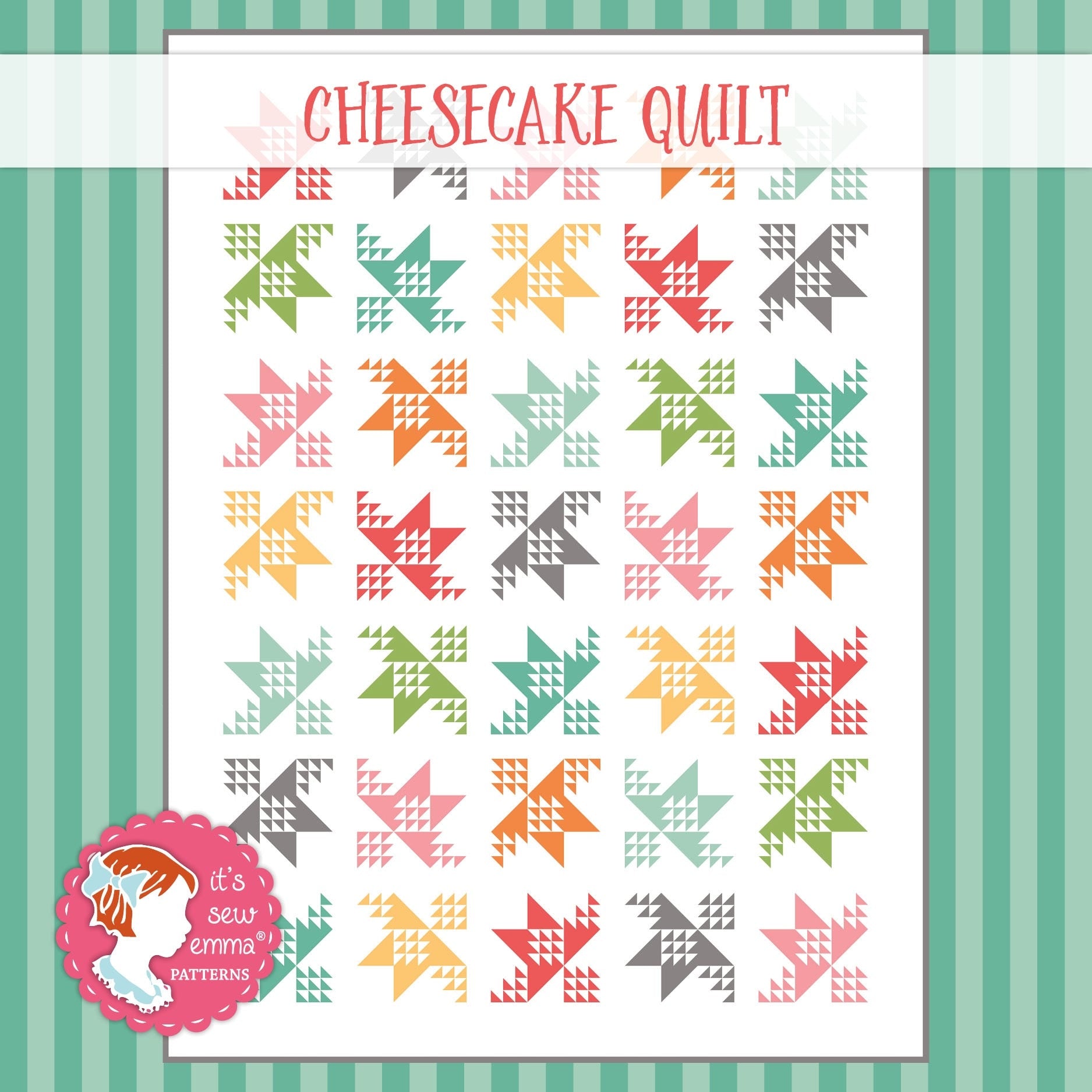 The Cheesecake quilt from The Cake Mix Quilt Book Volume One, rows of pieced star blocks in coral, teal, and green on white.