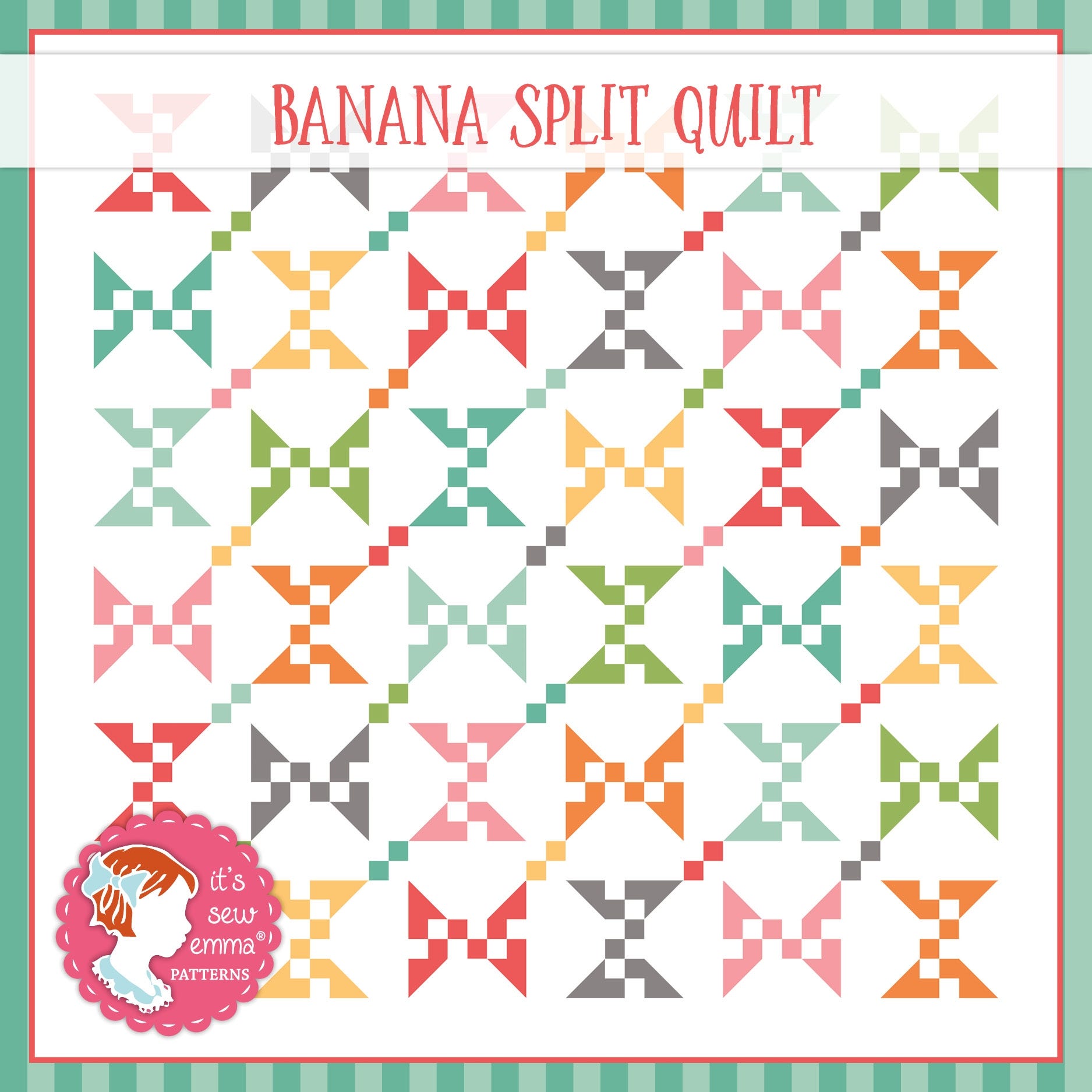 The Banana Split quilt from The Cake Mix Quilt Book Volume One, pinwheel and star blocks in bright prints on white.