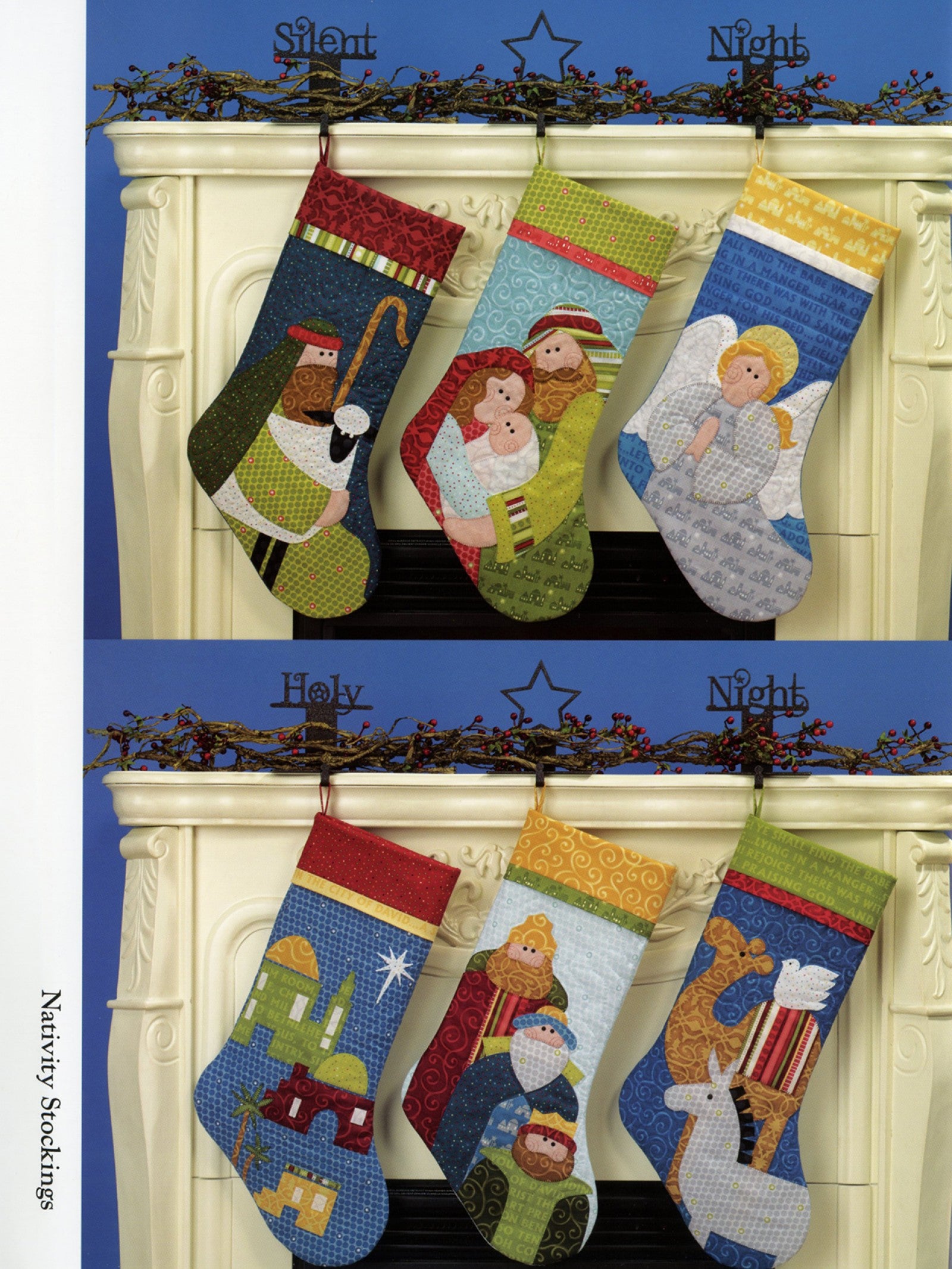 Interior page of the Christmas Pure And Simple quilt pattern book by Nancy Halvorsen of Art to Heart, showing appliqued Nativity Christmas Stockings hung on a fireplace.